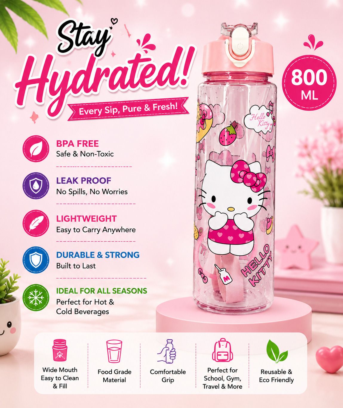 Cute Hello Kitty Kids Water Bottle with Straw & Leak-Proof Flip Lid | BPA-Free 800 ml Water Bottle-image-27