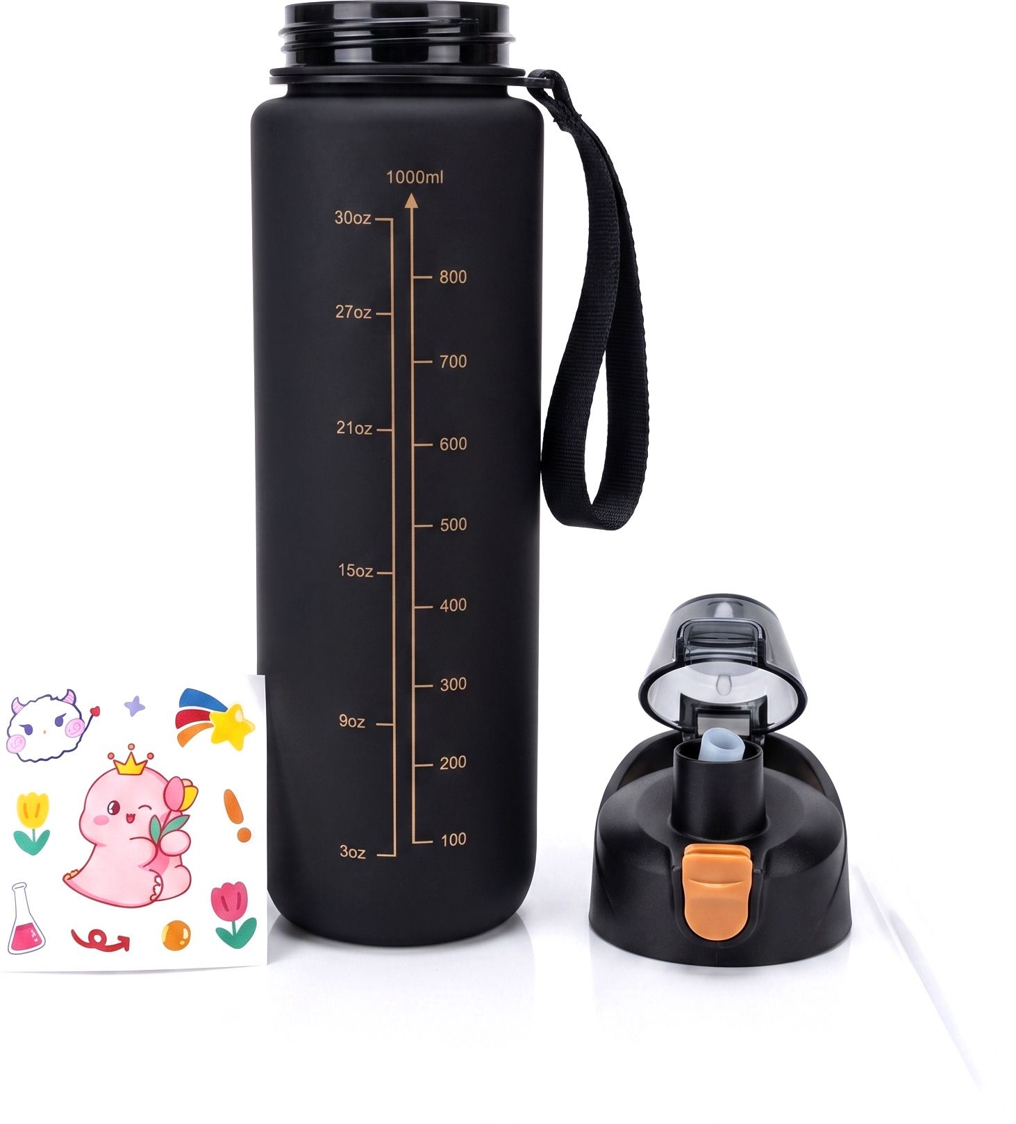 Matte Black Sipper Water Bottle with Cartoon Stickers, Straw, Leakproof Bottle 1000 ml Water Bottle-image-2