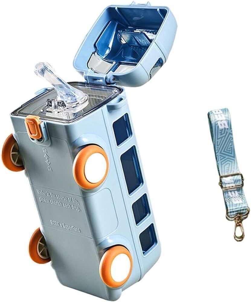 Kids Bus Shaped Moving Wheels Detachable Water Bottle with Straw Shoulder Strap 500 ml Water Bottle