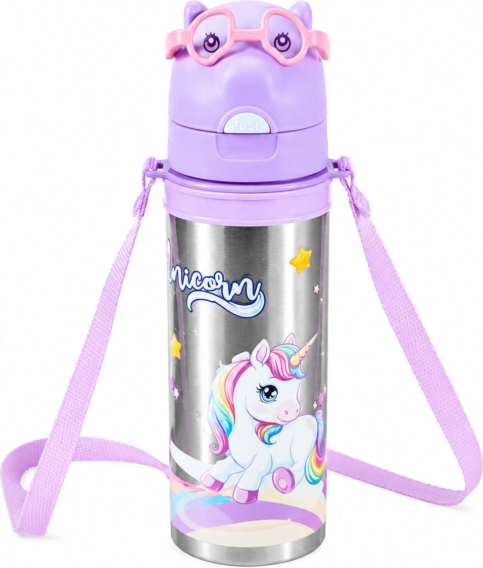 Kids Unicorn Steel Water Bottle with Carry Strap & Push Button Lid 600 ml Water Bottle-image-7