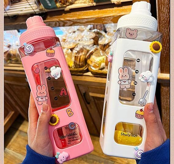 Kawaii Water Bottle with Straw and Sticker, Kawaii Bear Water Bottle 700 ml-image-12