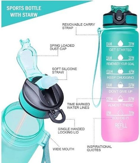 mojostore Sports Water Bottle with Straw & Cleaning Brush, Motivational Marker, 1000ml-picture-26