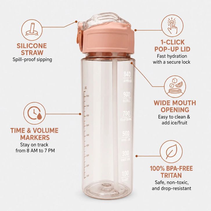 plus on demand Hydrofit Motivational Water Bottle 900 ml with Time Marker & Straw 900 ml Water Bottle-picture-24