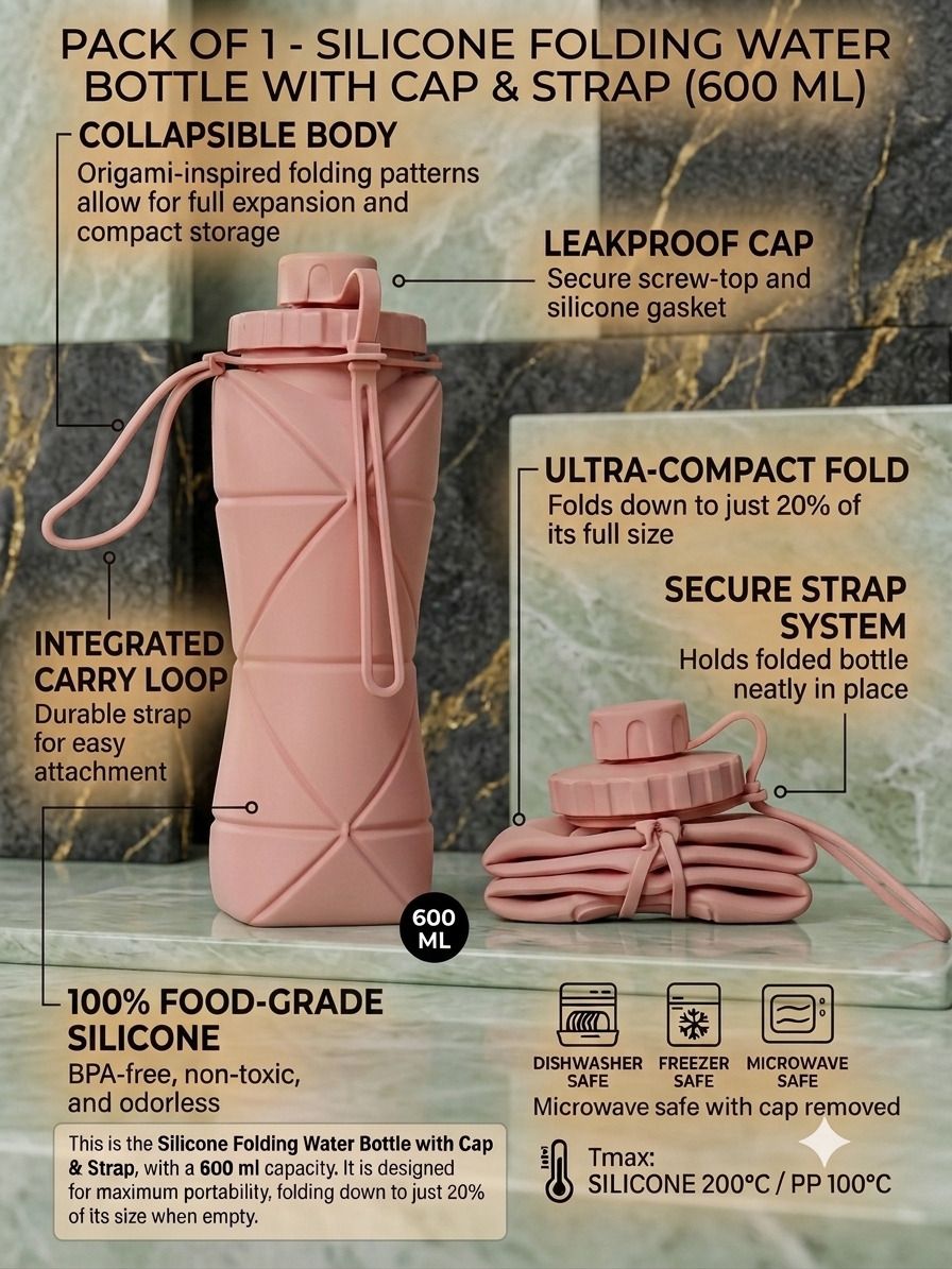Collapsible Sports Water Bottle with Leakproof Cap & Strap 600 ml Water Bottle-image-49