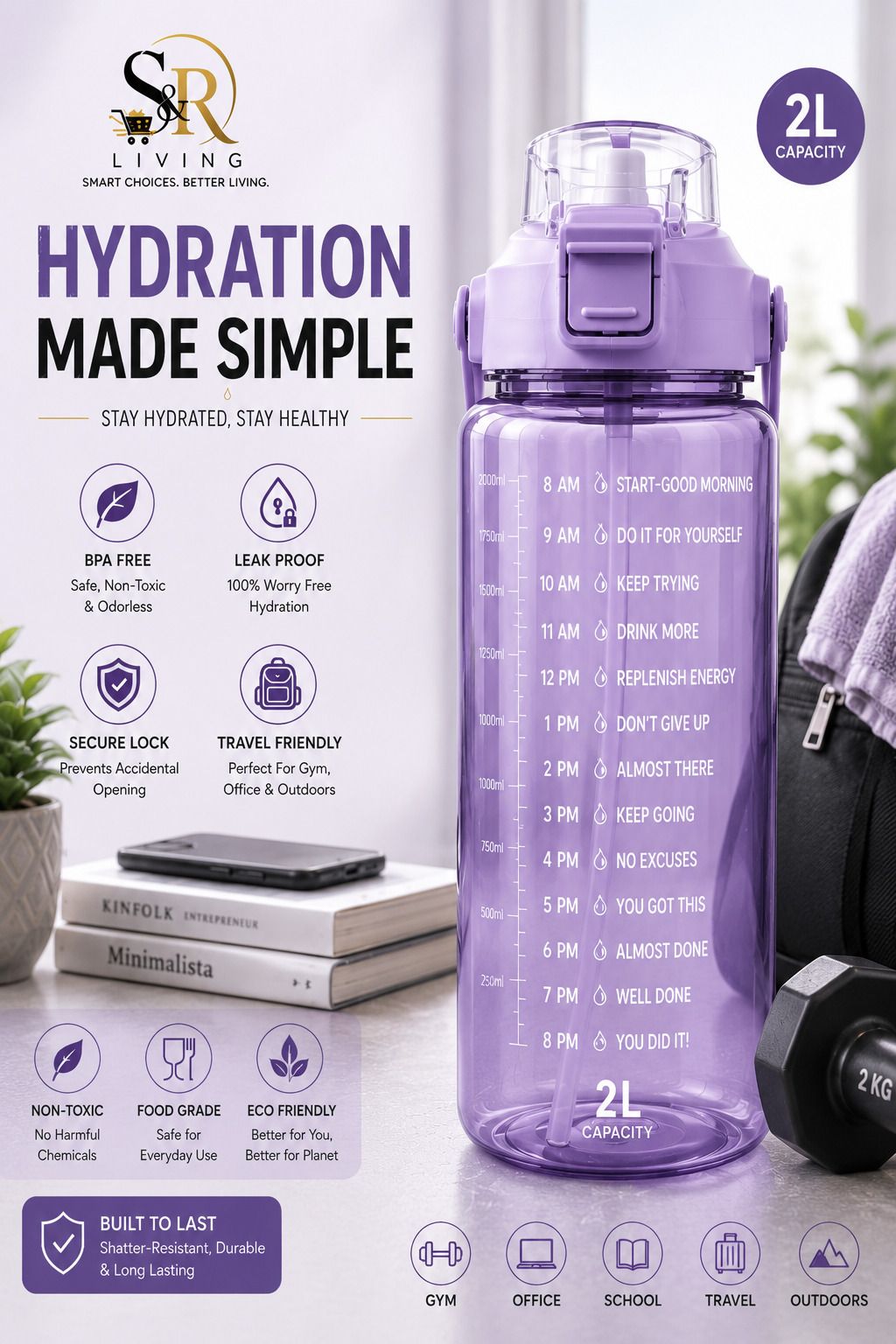 srliving Motivational Series 2000 ml Water Bottle-picture-22