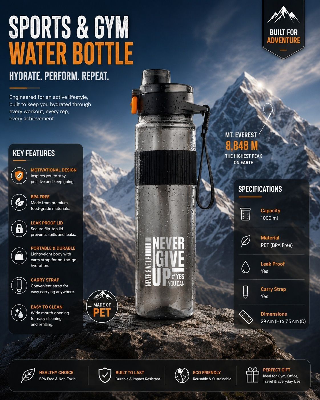 Sports Water Bottle for Gym,Travel,Cycling,Sports,school,Running,Hiking 1000 ml Water Bottle-image-49