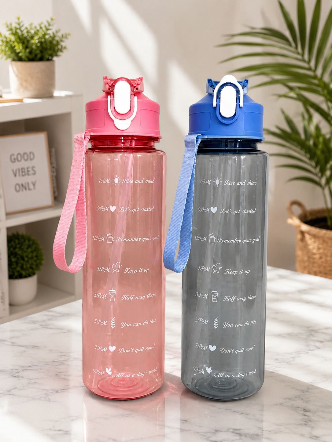 Motivational Time Marker Water Bottle with Straw|Leakproof Flip-Top Sipper 1000 ml Water Bottle-image-1