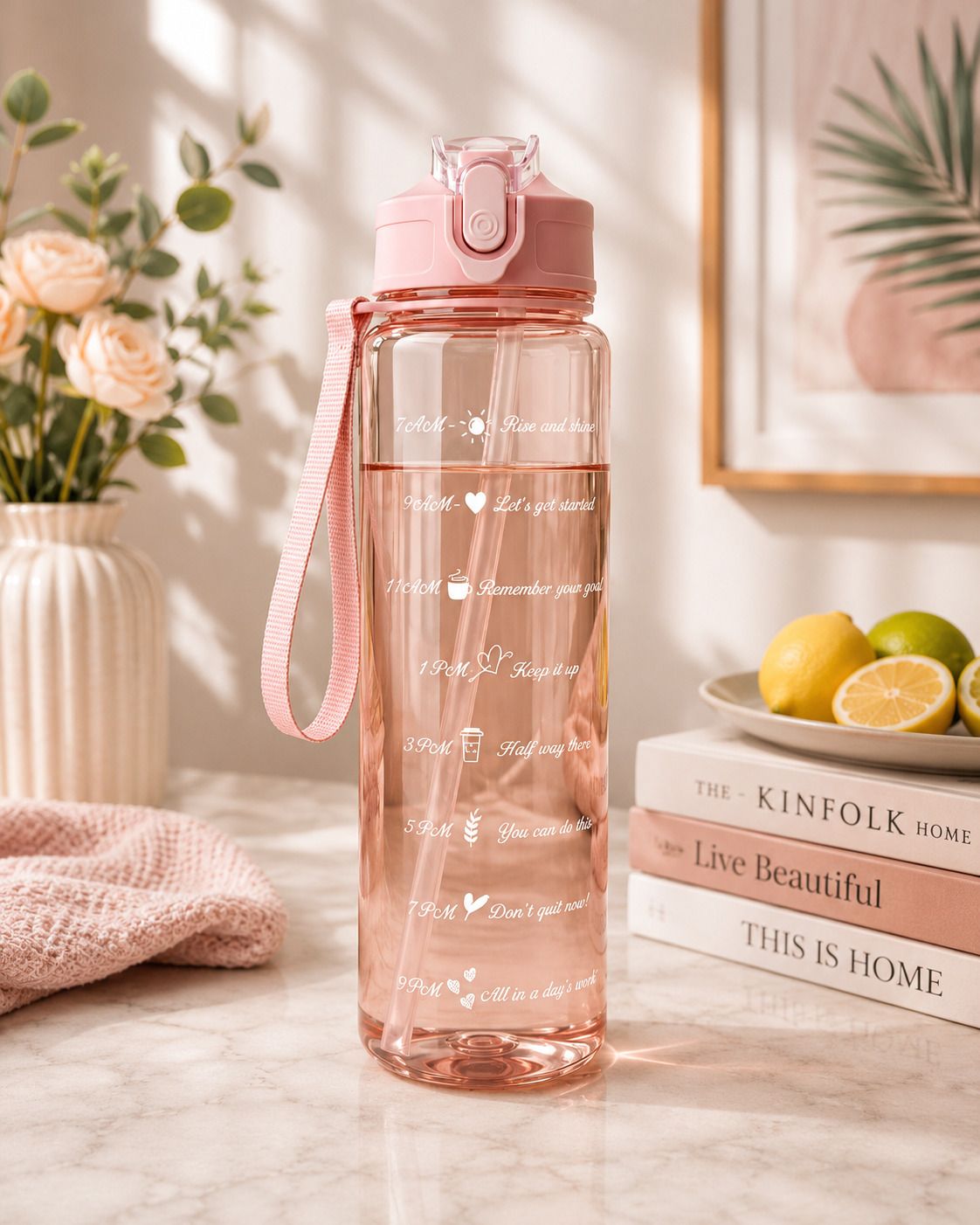 Motivational Time Marker Water Bottle with Straw|Leakproof Flip-Top Sipper 1000 ml Water Bottle-image-30