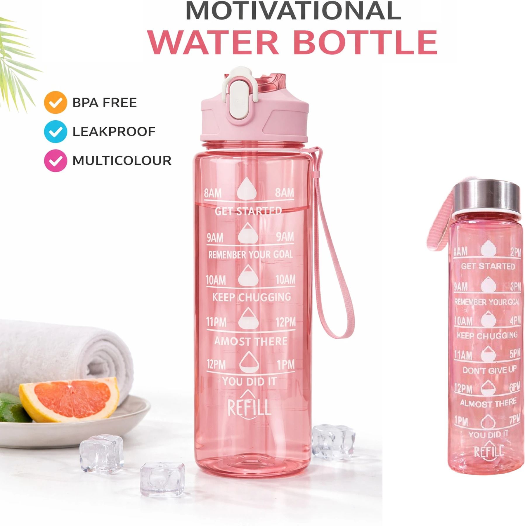 Motivational Water Bottle Combo Set 900ml + 300ml Leakproof with Time Marker 1200 ml-image-24