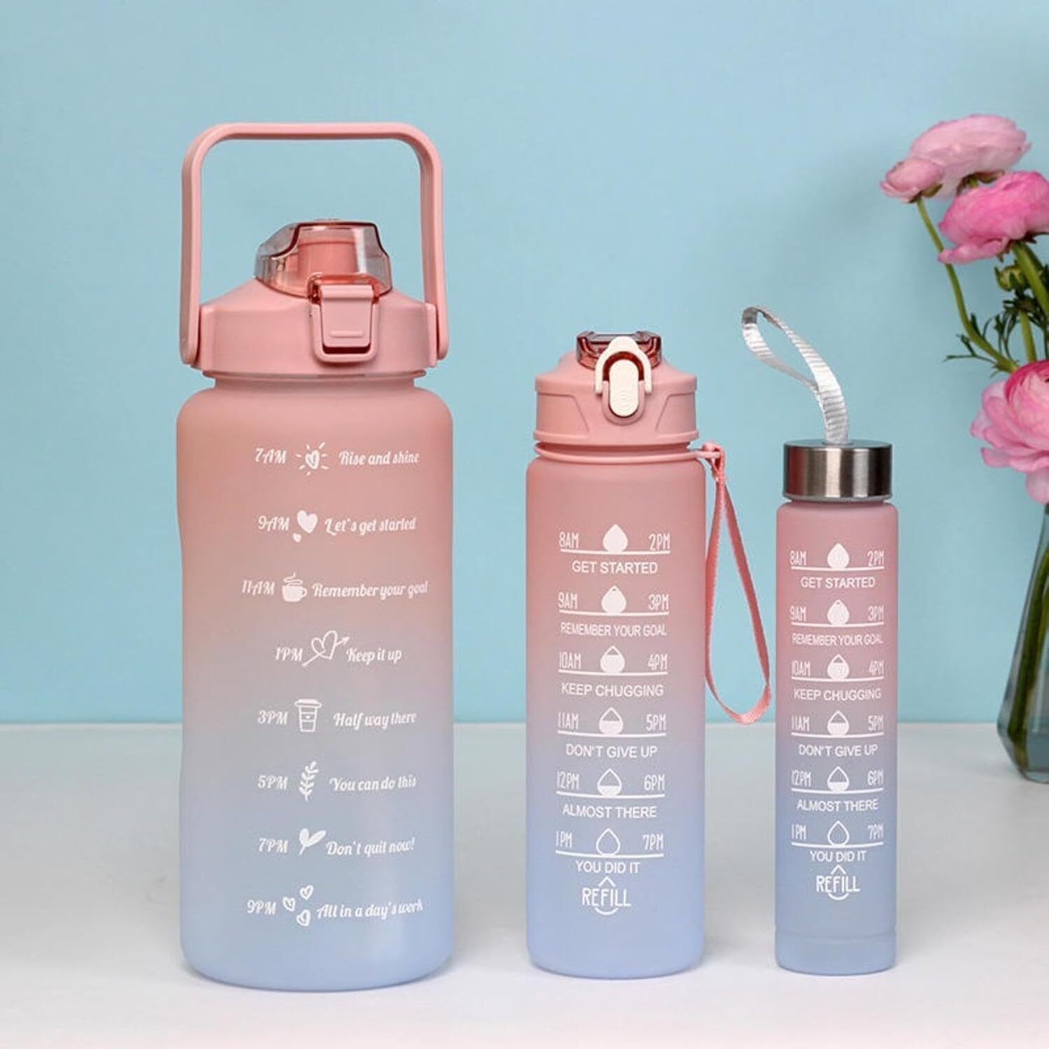3IN1 Colourful motivational bottle set 1000 ml Water Bottle-image-3