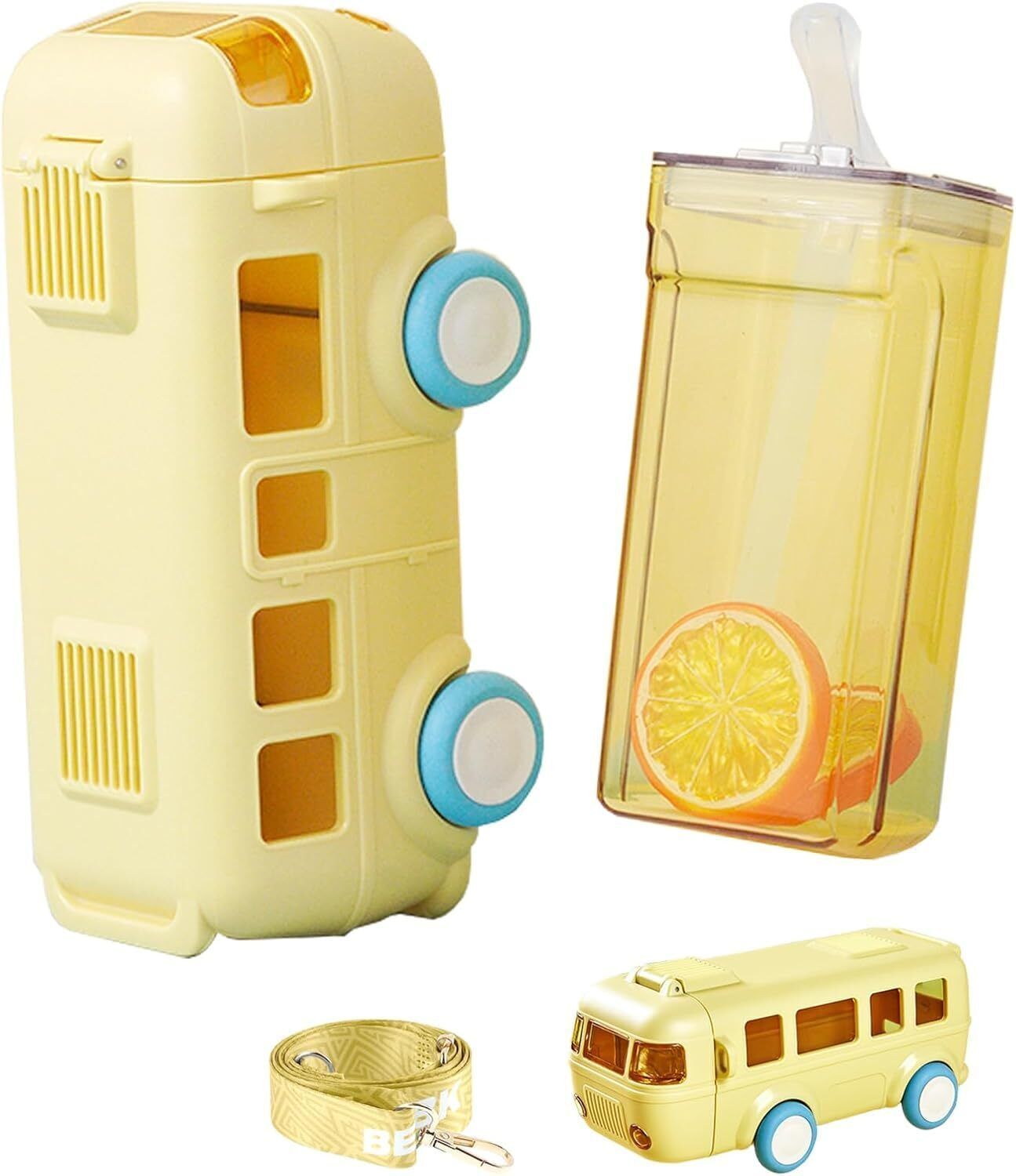 Bus Shape Car Water Bottle With Straw For Kids,Shoulder Strap,Movable Wheels 500 ml Water Bottle-image-26
