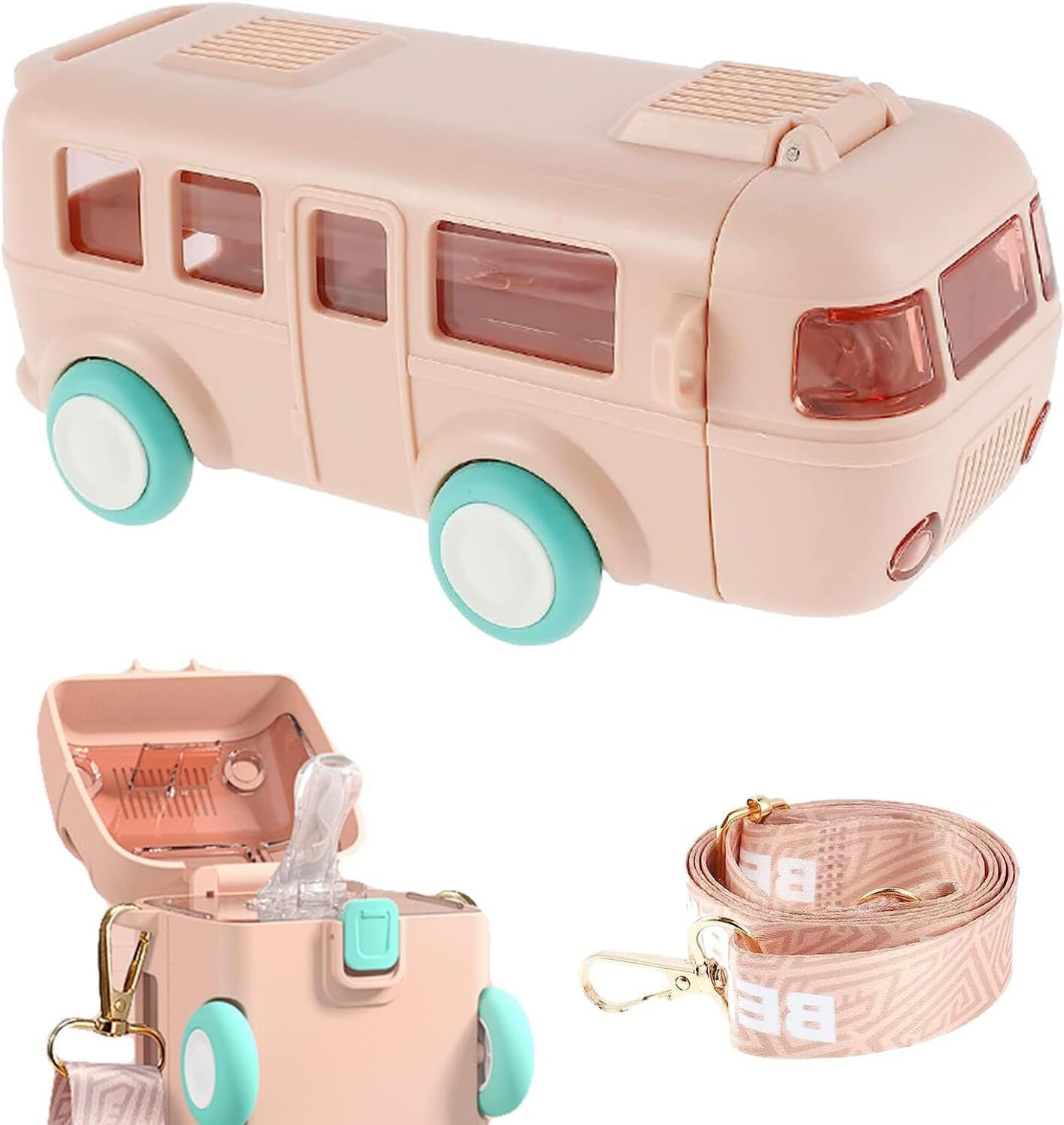 Bus Shape Car Water Bottle With Straw For Kids,Shoulder Strap,Movable Wheels 500 ml Water Bottle
