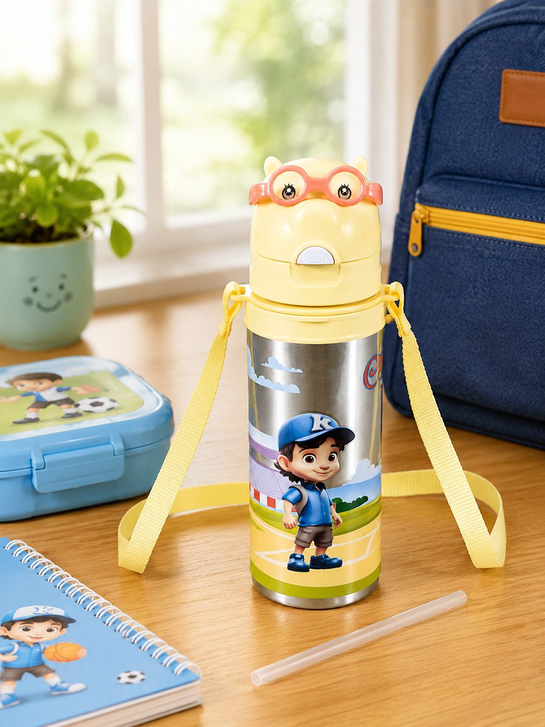 Kids Cartoon Steel Water Bottle Leakproof with Straw and Strap 300 ml Water Bottle-image-26