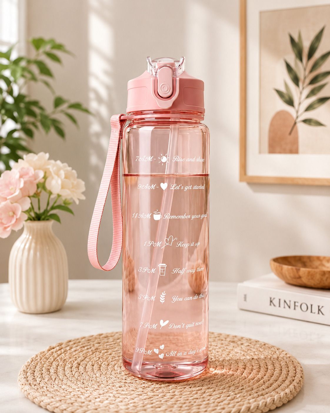 Motivational Time Marker Water Bottle with Straw|Leakproof Flip-Top Sipper 1000 ml Water Bottle-image-29