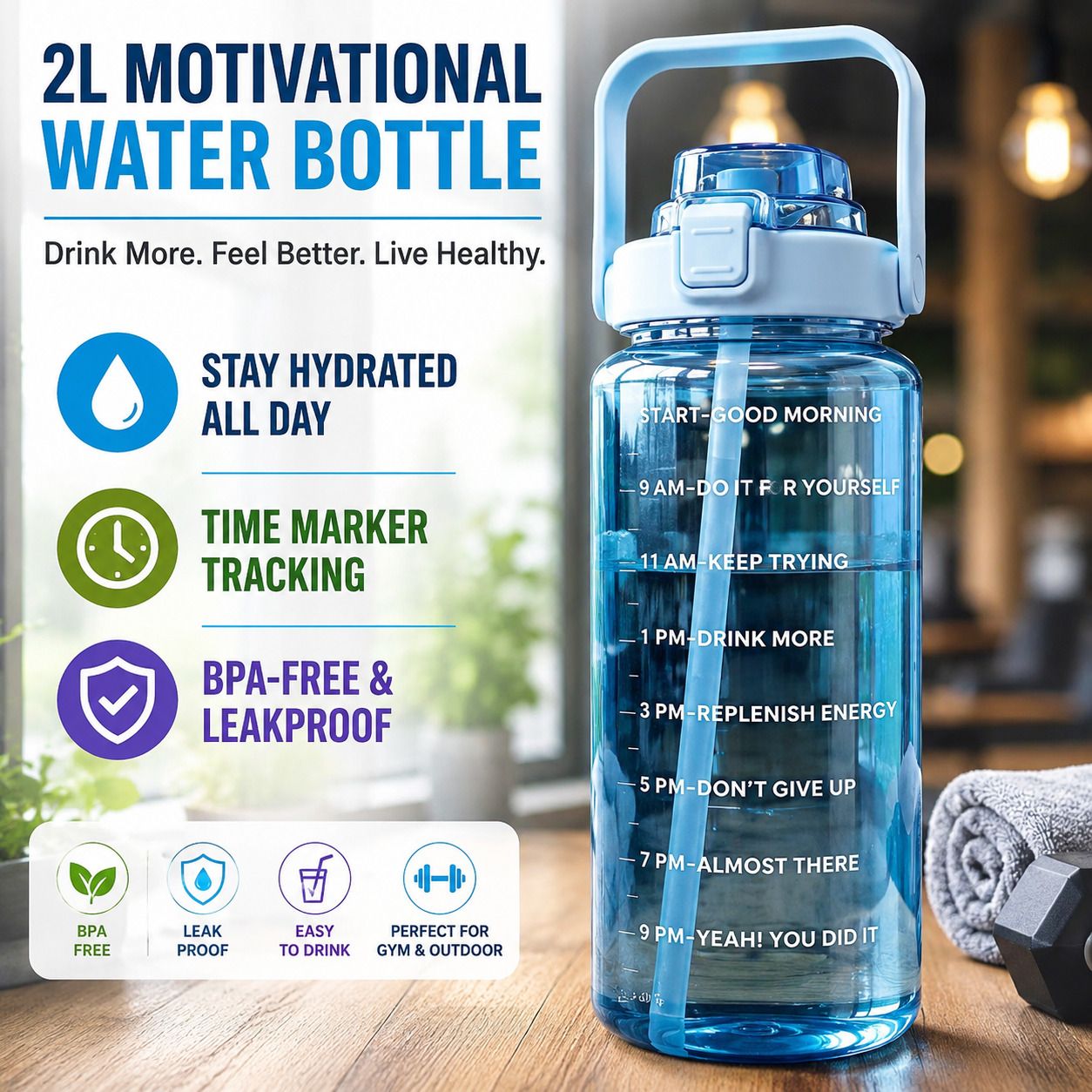 Motivational Water Bottle with Time Marker, Leakproof Flip Lid 4 Sports Bottle 2000 ml Water Bottle-image-39