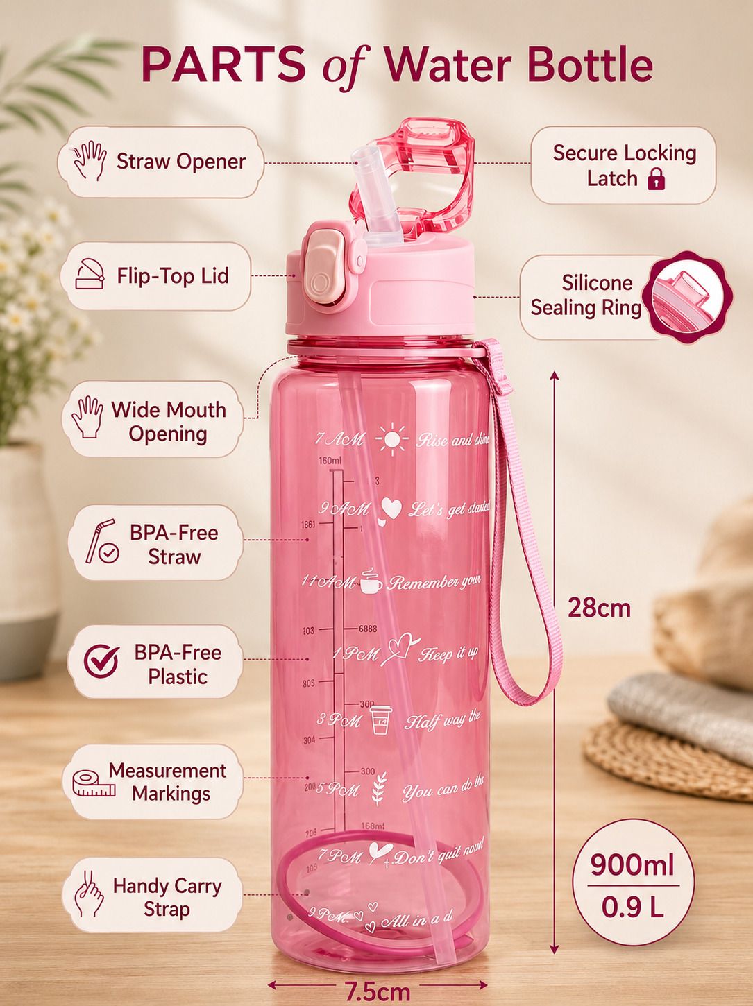 swamisamath Leakproof Motivational Water Bottle with Straw and Time Measurement Markings 900 ml Water Bottle-picture-19