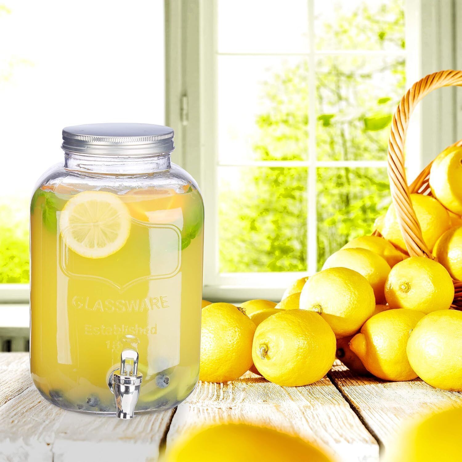 homensk Glass Cold Water Mason Jar Beer Dispenser, Clear, Beverage Drink Dispenser 4L Bottled Water Dispenser-picture-33
