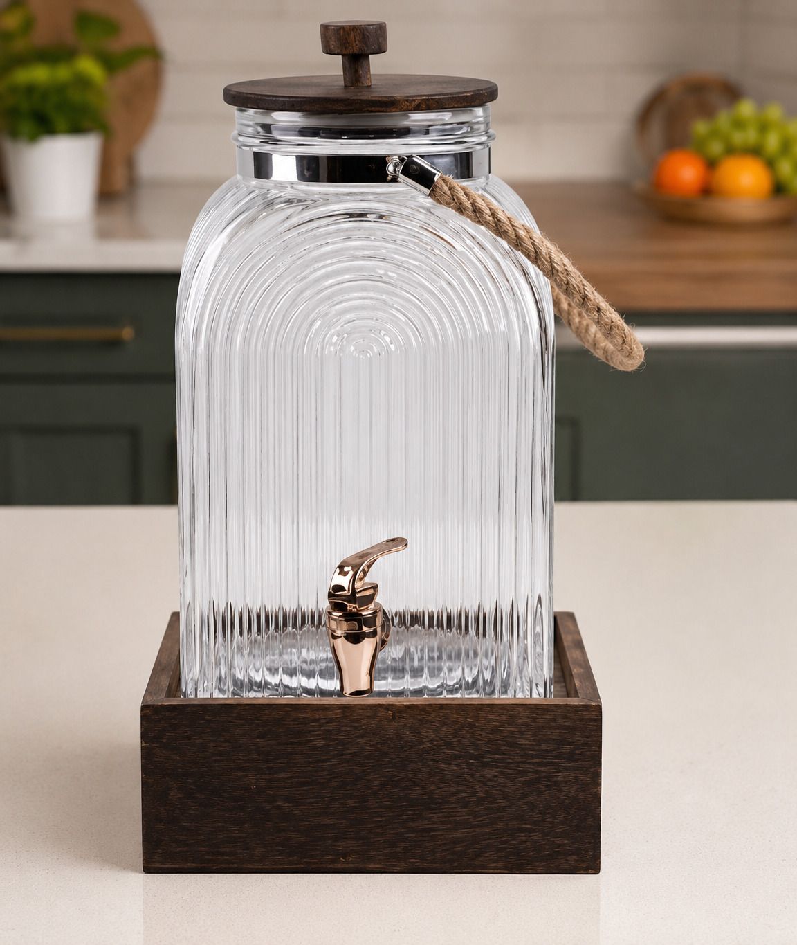 Premium 6L Ribbed Glass Beverage Dispenser with Wooden Stand & Metal Tap Bottled Water Dispenser-image-35
