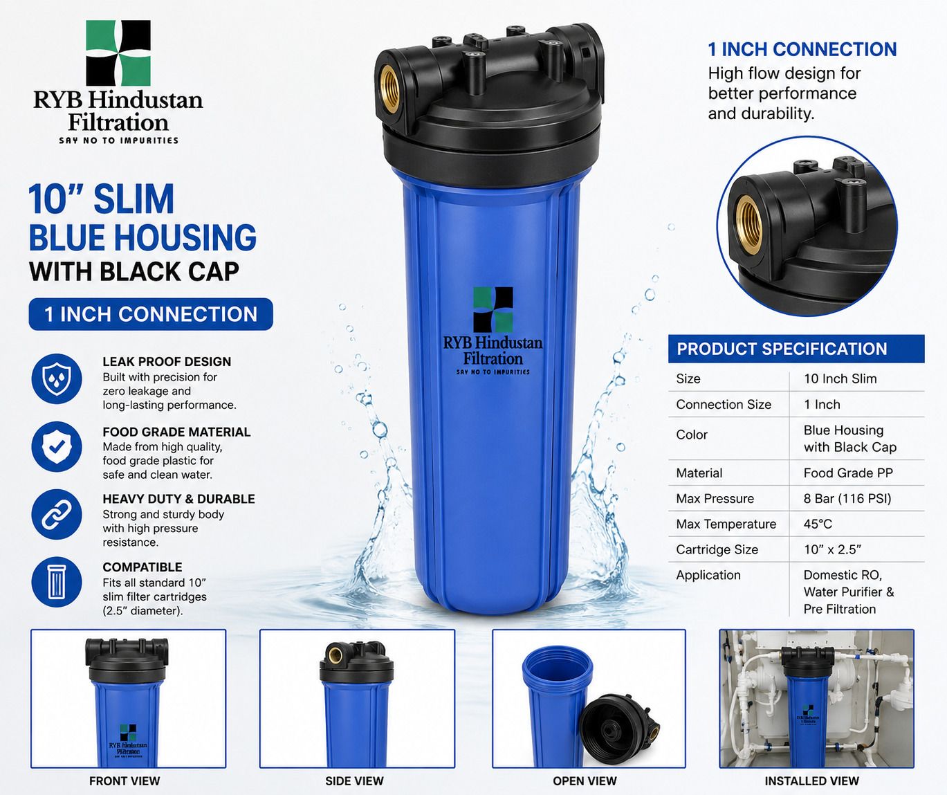 ryb hindustan filtration by ryb hindustan filtration 10" SLIM BLUE WATER HOUSING Solid Filter Cartridge-picture-12