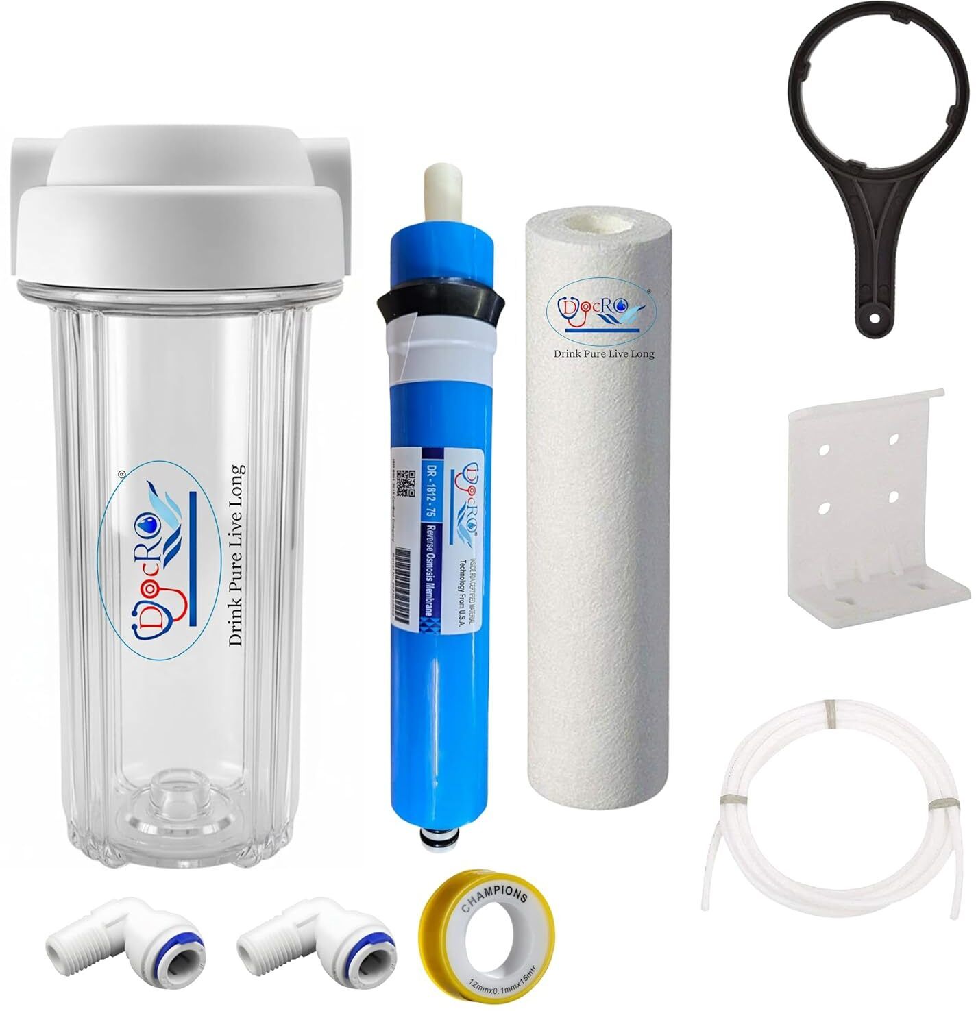 doc ro by doc ro Filter Kit, RO Filter Kit with 1 Spun, Membrane 75GPD, Pipe, Key, Fitting & Tape Media Filter Cartridge-picture-0