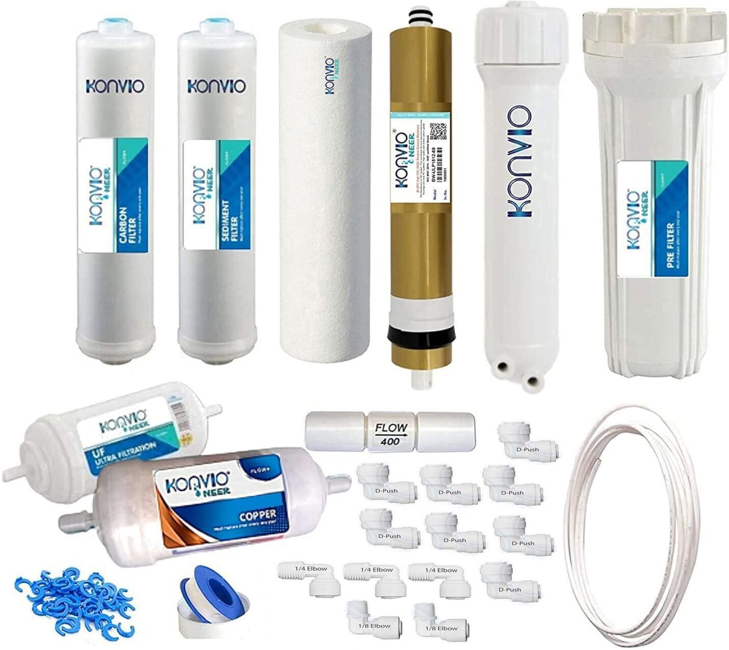 RO Service Kit & Filter for All Type of Water Purifier (Carbon+ Sediment+ Spun+ Pre Filter Housing+ 75 GPD Mmb + FR 400+ UF+ Copper) Solid Wire Connector-image-0
