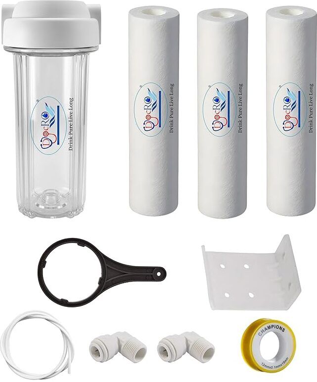 doc ro by doc ro Kit for All RO Prefilter Housing with 3 PP, 3 Mtr Pipe, 2 Fitting, Tape & key Solid Filter Cartridge-picture-1
