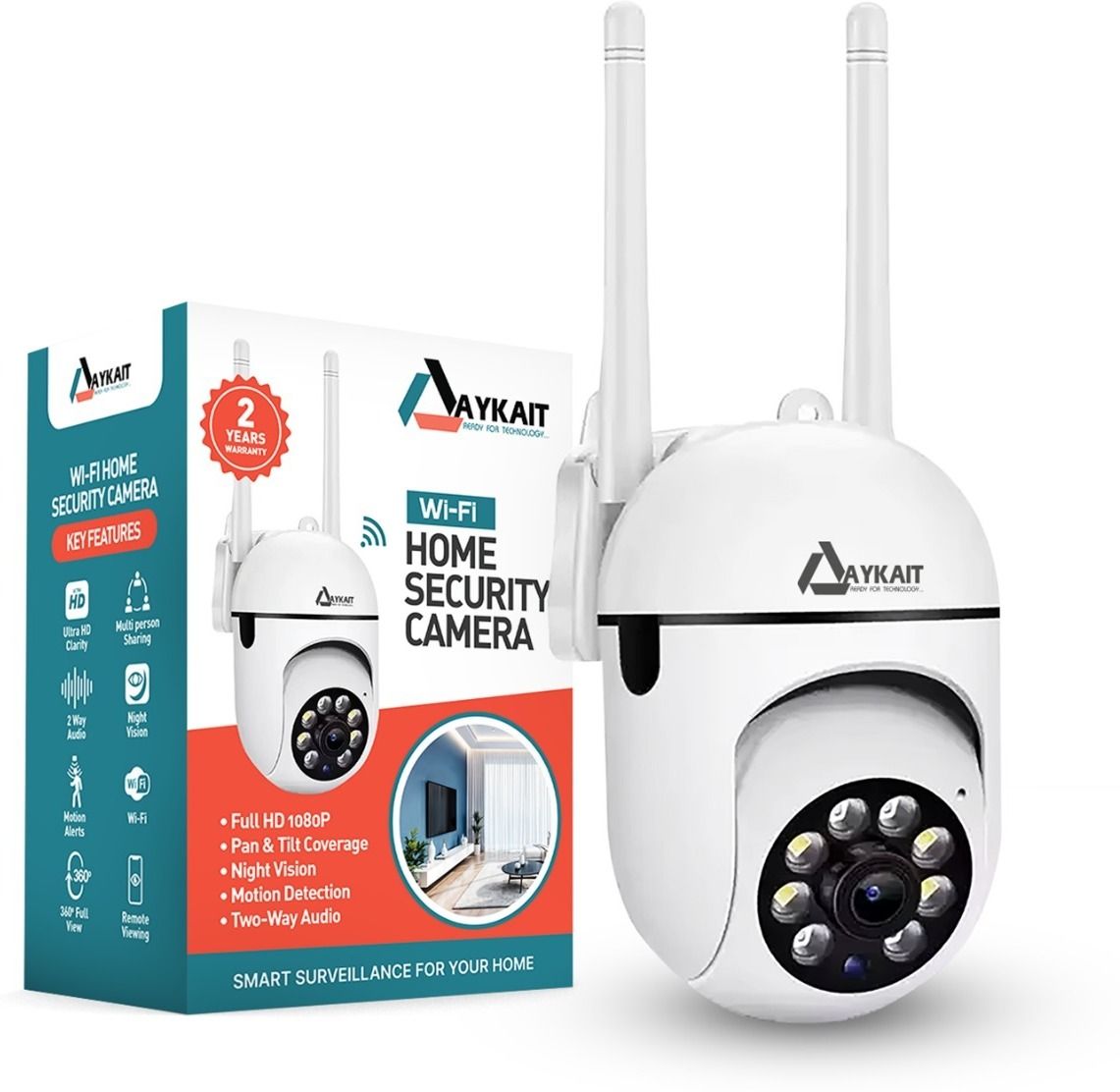 Aykait Smart CCTV WiFi Camera - 2MP Dual Light Camera 360 Degree 1080 HD Webcam with Built-In Microphone with Night Vision USB Connectivity