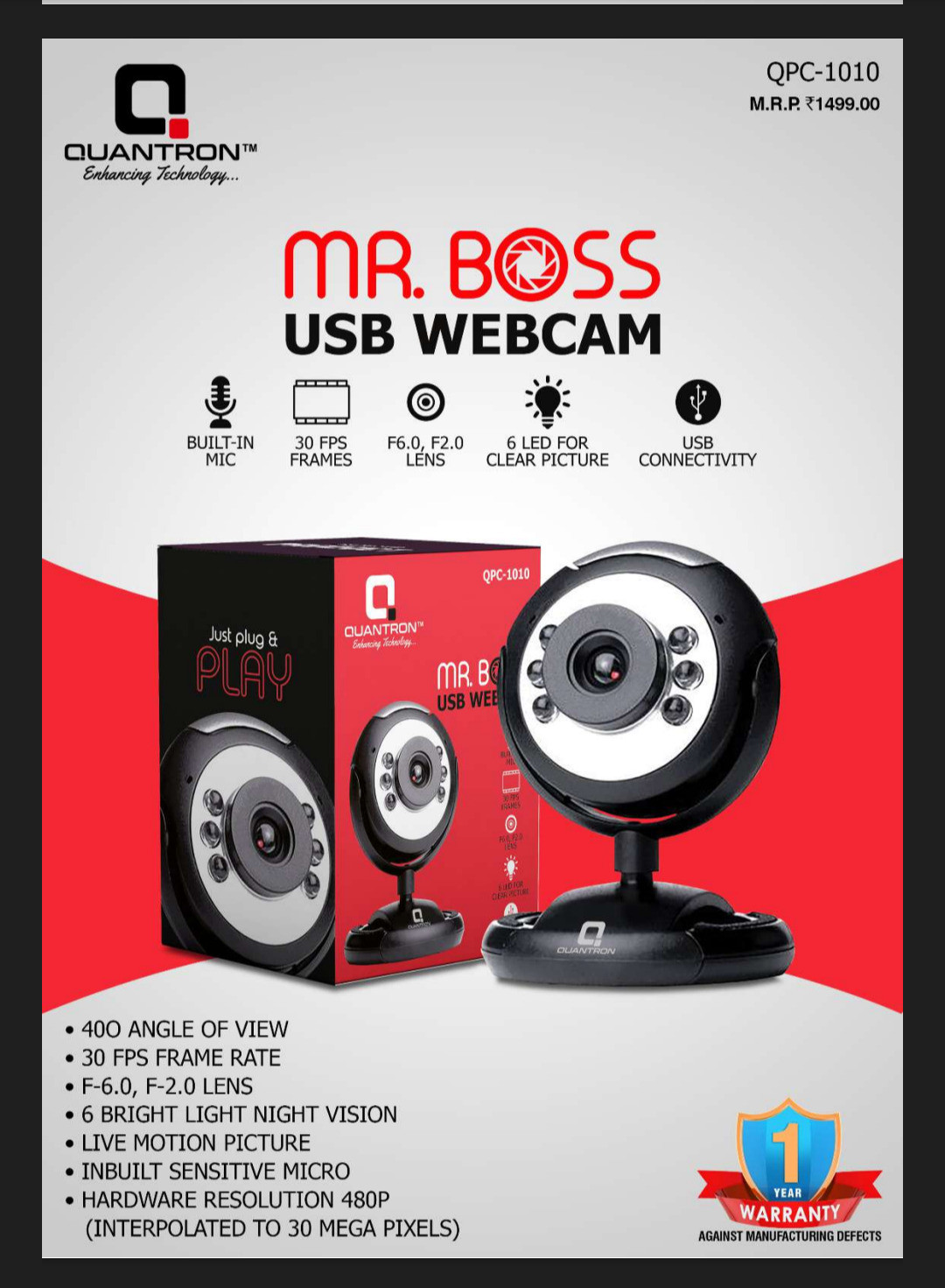 Quantron QPC-1010, MR. BOSS USB WEBCAM 6 LIGHT CAMERA. 6Webcam with Built-In Microphone with Night Vision USB Connectivity image 1