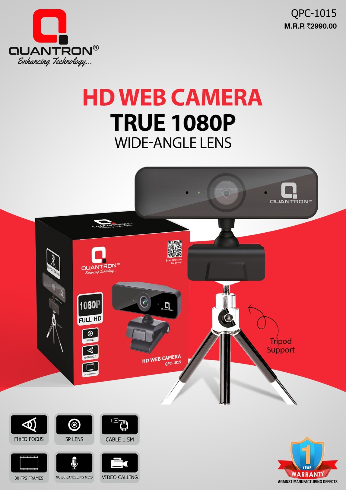 Quantron QPC -1015, HD WEB CAMERA TRUE 1080P WIDE - ANGLE LENS. 5 HDWebcam with Built-In Microphone with Night Vision USB Connectivity image 1