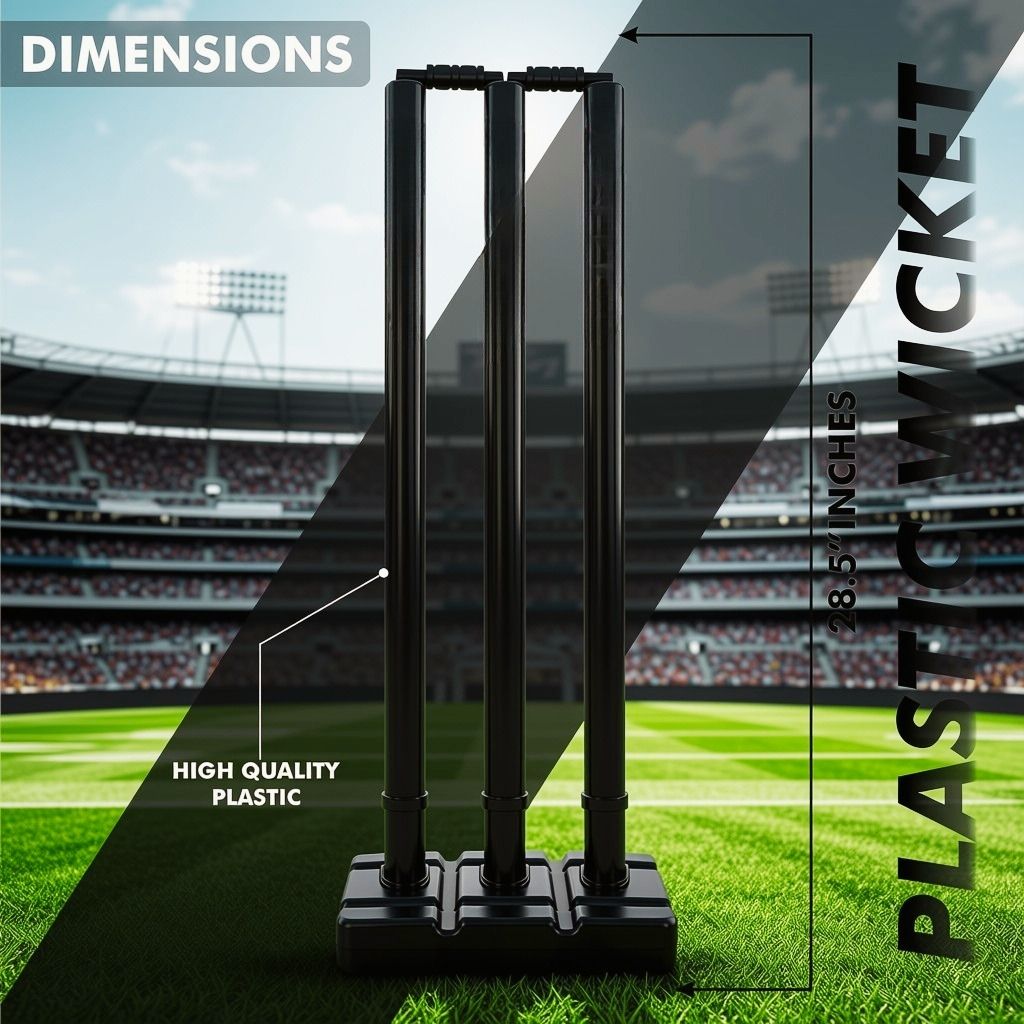 3 piece Plastic Cricket Stumps Set, 3 Stumps 2 Bails 1 Stand, Wickets (Black)-image-0