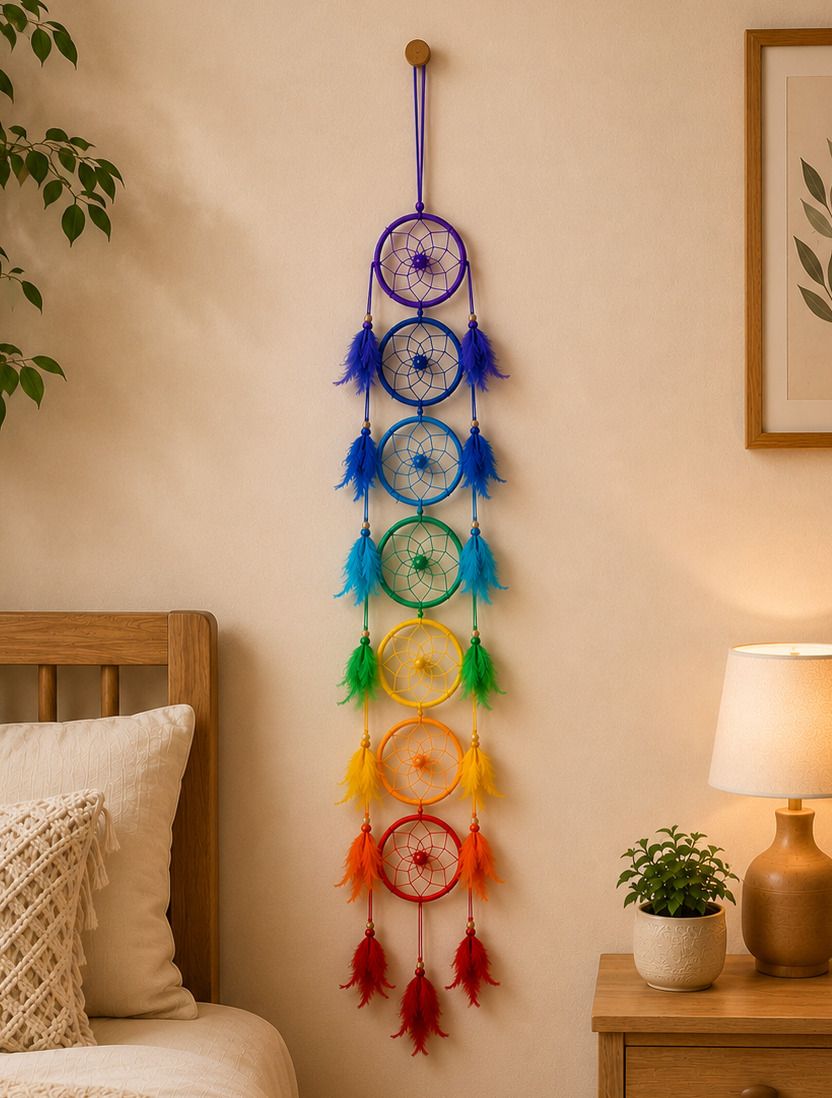 Handmade 7 Chakra Rainbow Wall Hanging for Bedroom, Living Room & Meditation Feather, Cotton Dream Catcher-image-32