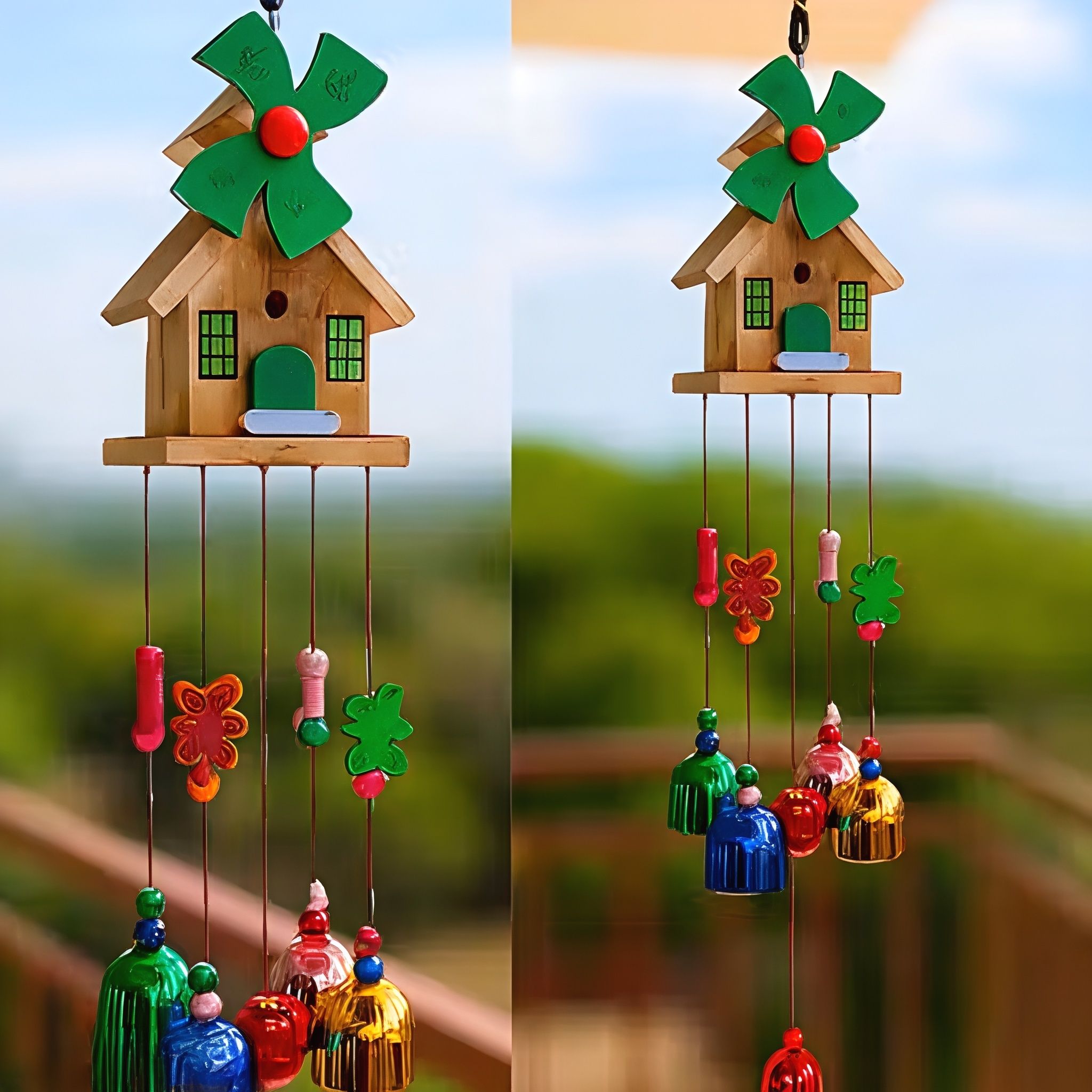 ppselects Wooden Hut & Multicolor 5 Bells Wind Chime for Balcony Home Decor Wood, Nylon Windchime-picture-24