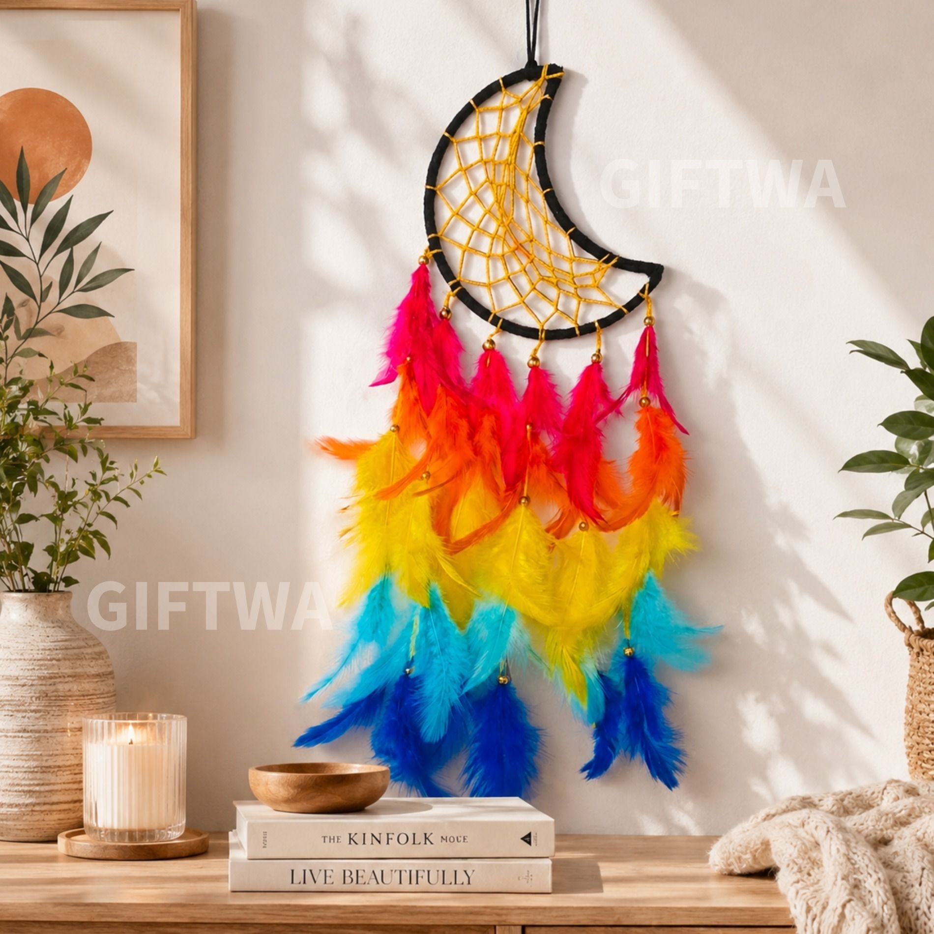 giftwa Moon Shape Dream Catcher for home, bedroom, living room, nursery,Wall Hanging/ Feather, Stainless Steel Dream Catcher-picture-8