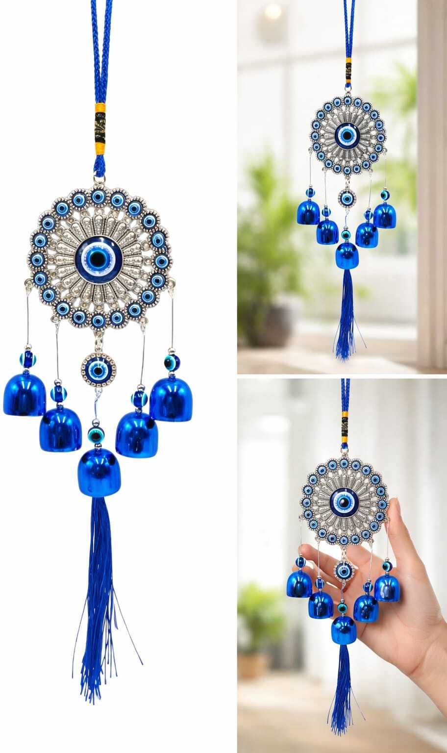 vaka trendy 5 Bell Evil Eye Wind Chime with OM Design - Unique Hanging Ornament for Home Cotton Dream Catcher-picture-31