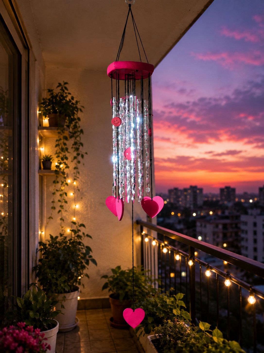kivo Romantic Pink Heart Wind Chime Decorative Hanging Ornament for Home Decor Steel Windchime-picture-42