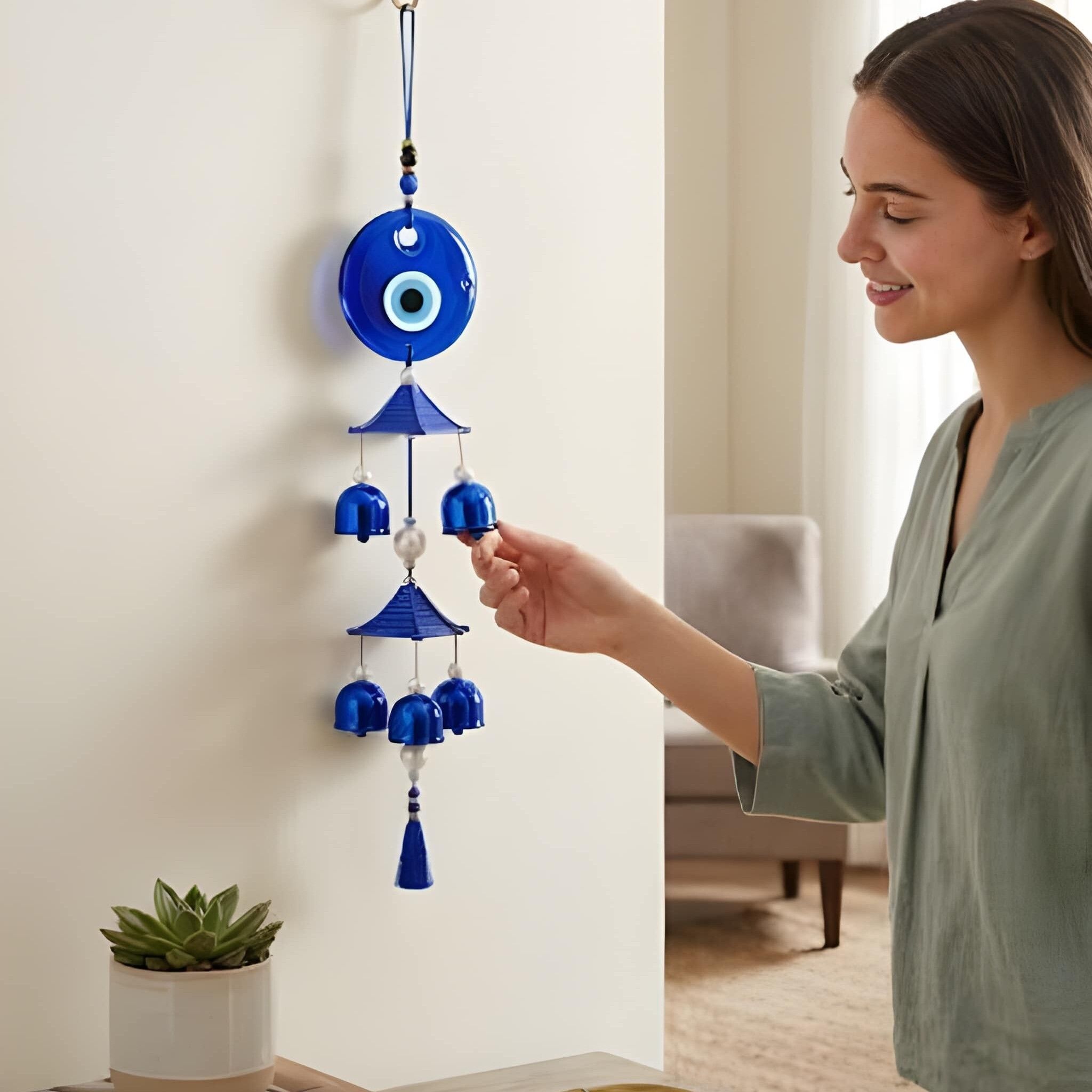 ppselects Evil Eye Glass & Metal 5-Bell Wind Chime for Home Vastu (Blue) Glass, Iron Dream Catcher-picture-47