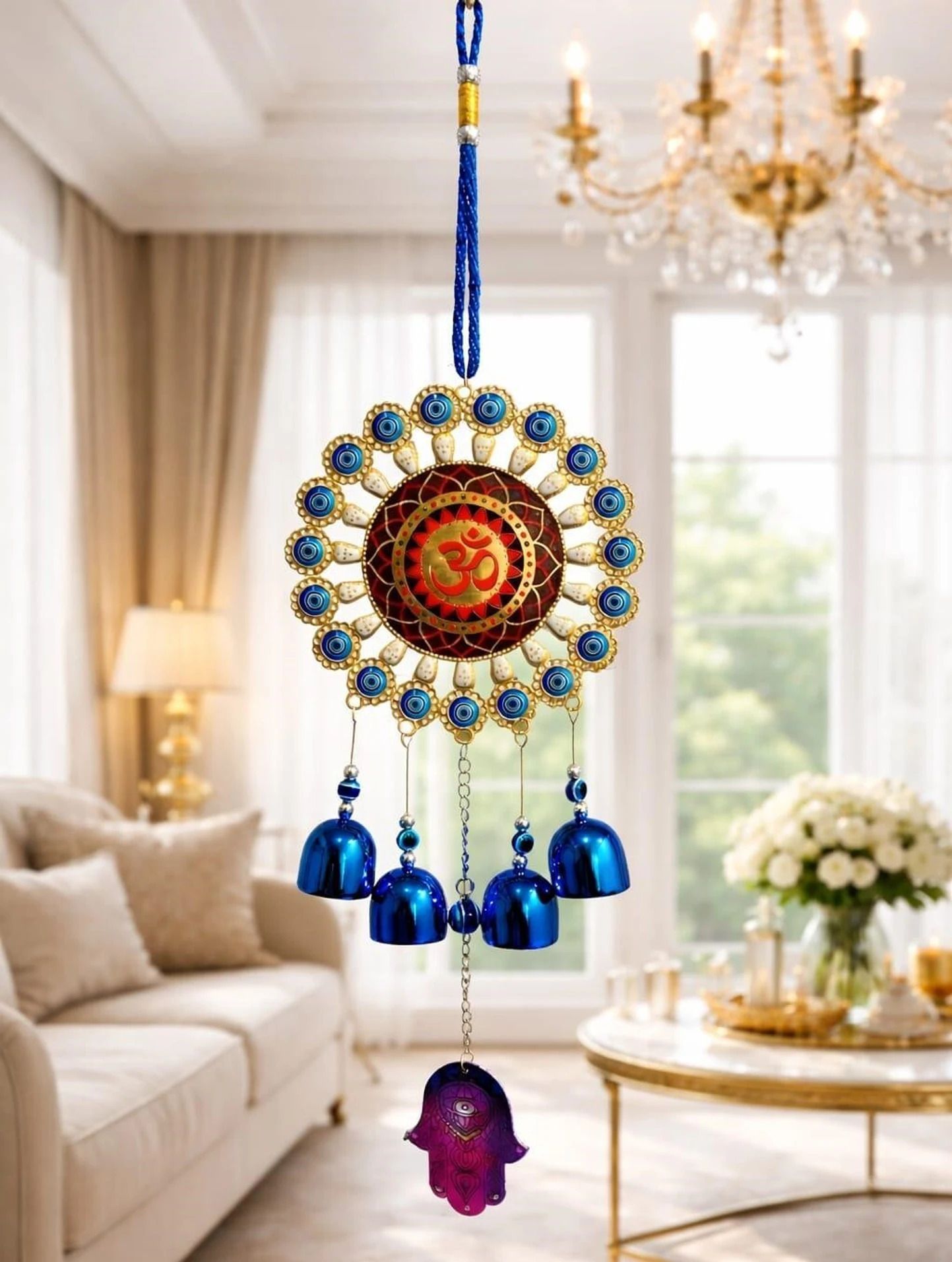 elegant touch decor Nazar Evil Eye Wall Hanging with Bells & Tassel Silver Windchime-picture-1