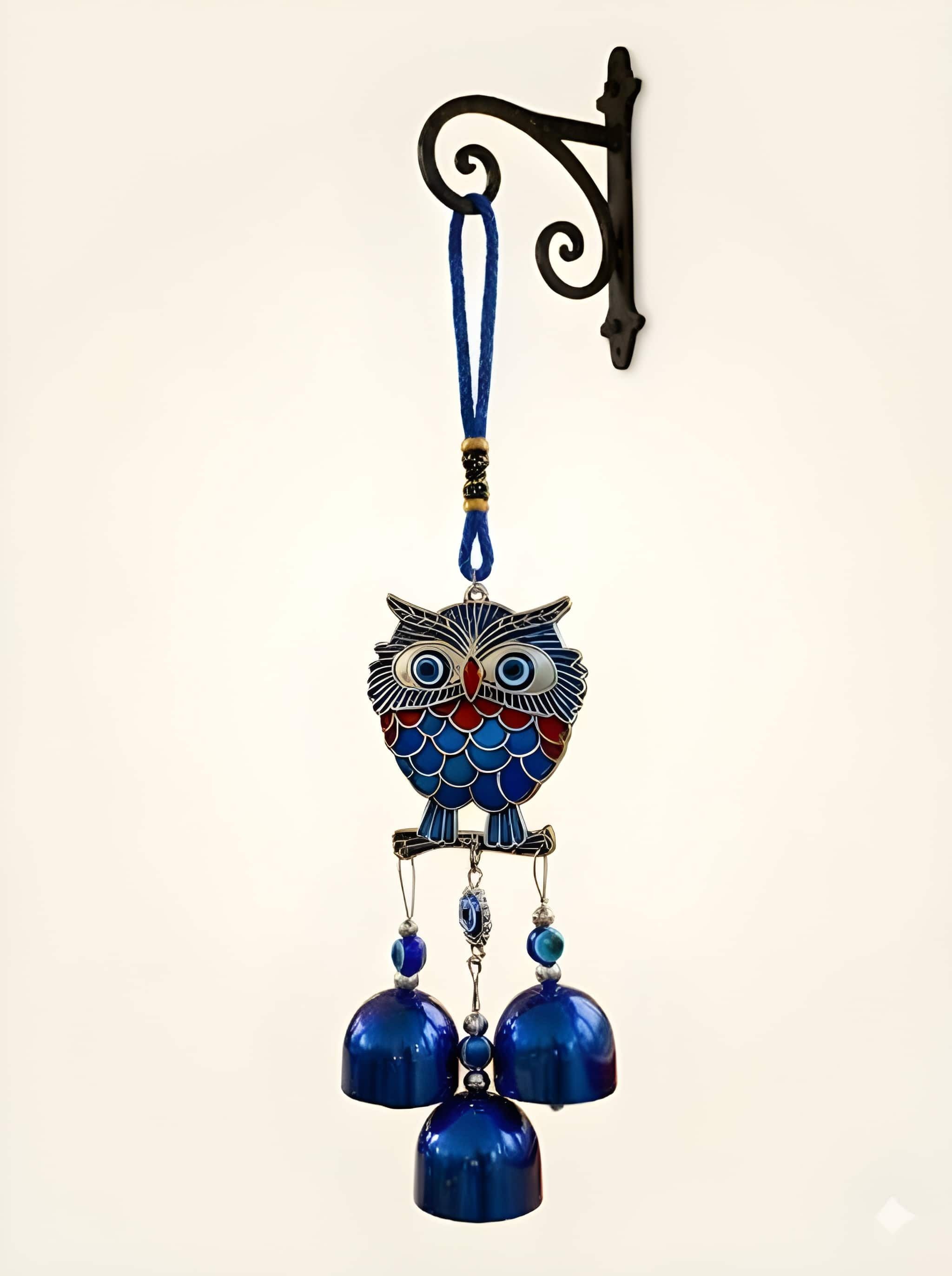 ppselects Evil Eye Owl Wind Chime Metal Hanging for Home Balcony Decor Silver Plated Dream Catcher-picture-12