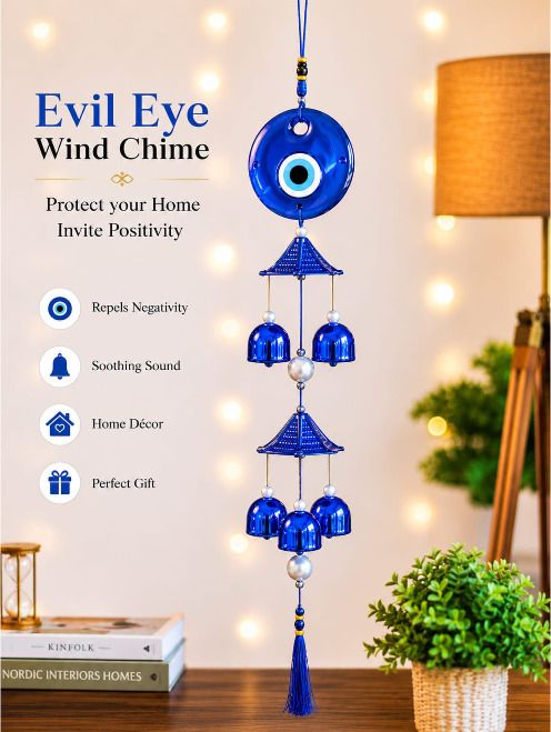 Evil Eye Wind Chime, Blue, Double Step with Bells, Wall Hanging for Home Décor Brass Windchime-image-47