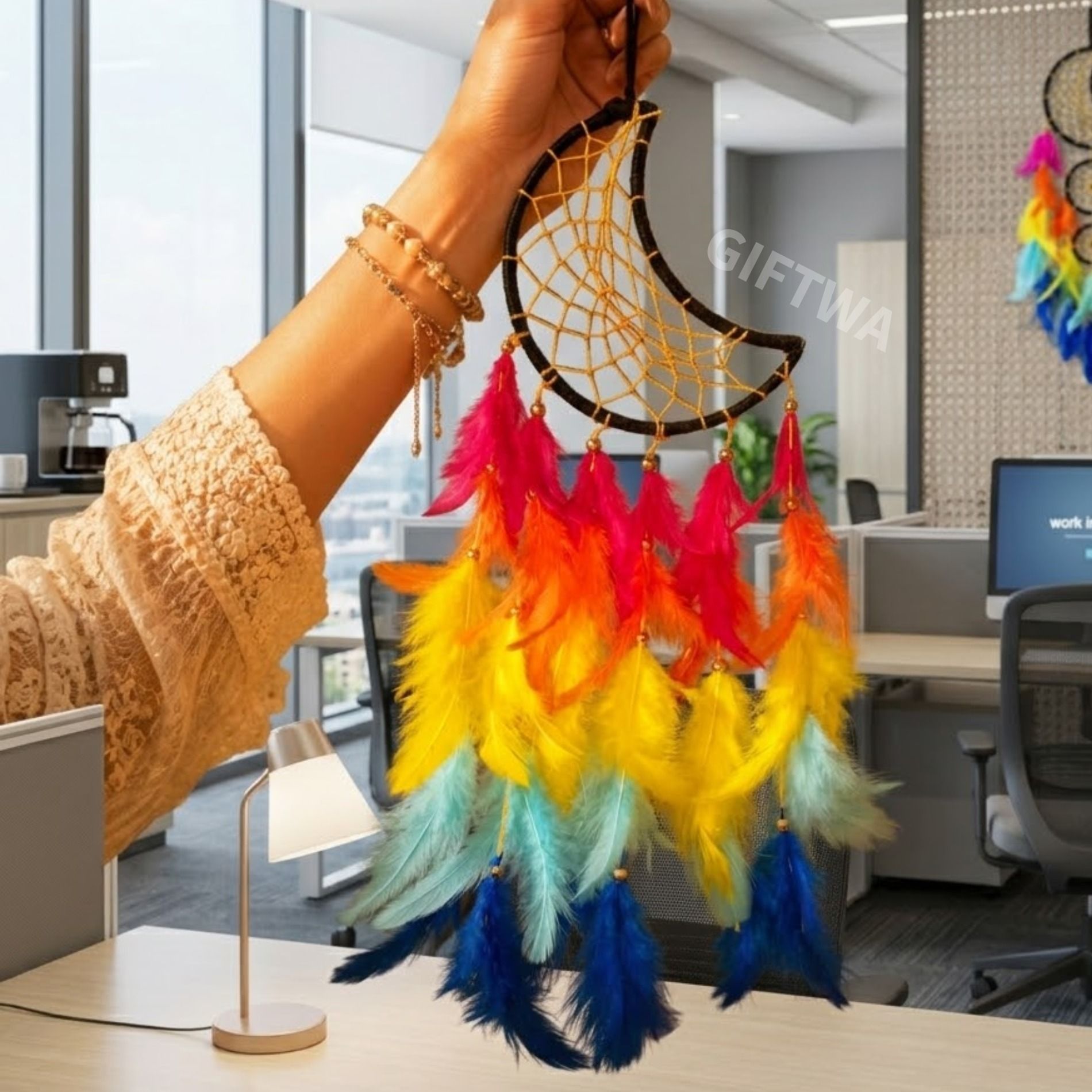 giftwa Moon Dream Catcher Hanging Decor | Handmade Feather Ornament for Home Interior Stainless Steel Dream Catcher-picture-5
