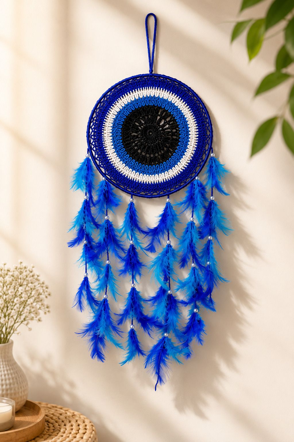 Blue Feather Dream Catcher Handmade Boho Wall Hanging Home Decorative Item Cotton, Steel Dream Catcher-image-40