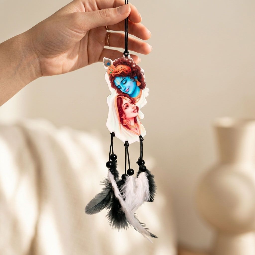 shrivarni creation Radhe Krishna Face Car Hanging Acrylic Mirror Hanging Decor Plastic Dream Catcher-picture-31