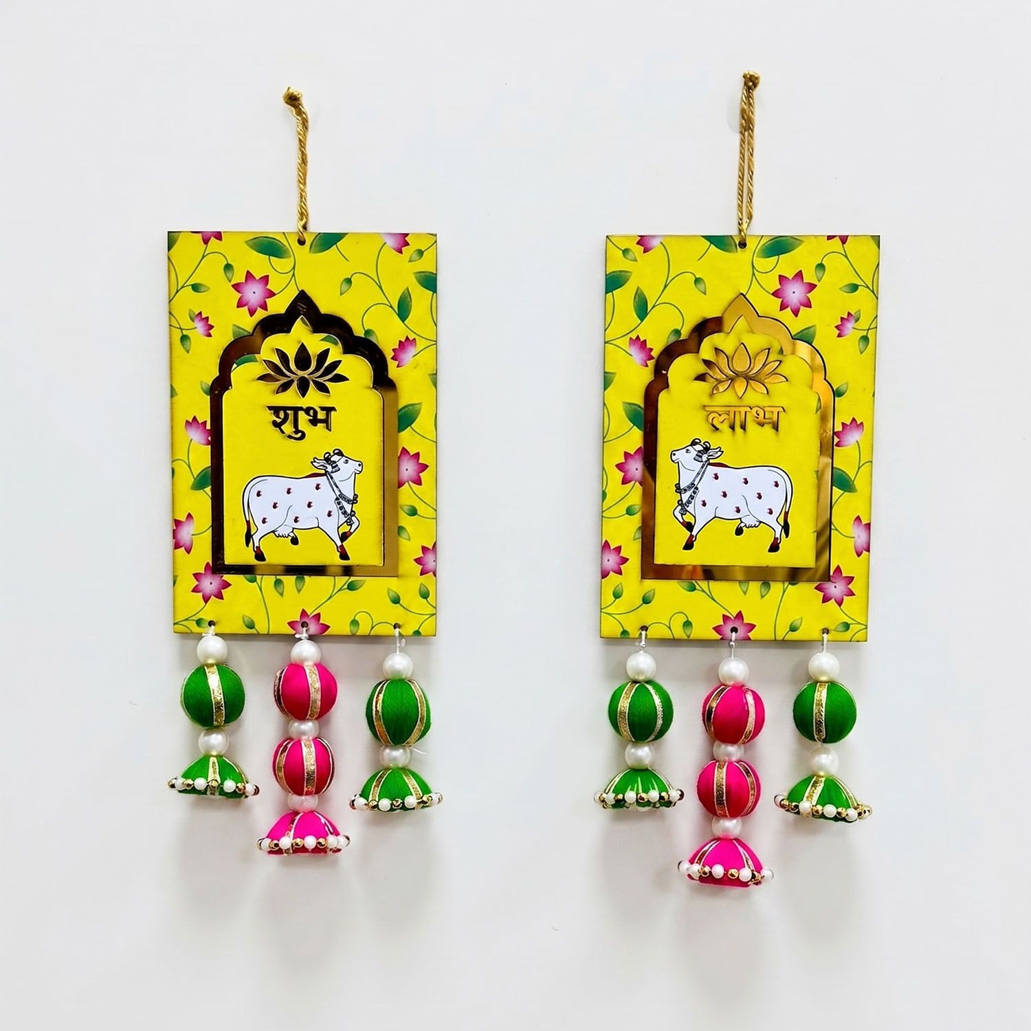 prishali Shubh Labh Door Hanging Set-2 with Pichwai Cow Art|MDF Decorative Wall Hanging Wood Windchime-picture-45