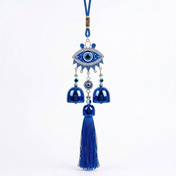 karmik Vastu Feng Shui Evil Eye Wind Chime With Metallic Bells and Tassel Silver Plated, Glass, Steel Windchime-picture-32