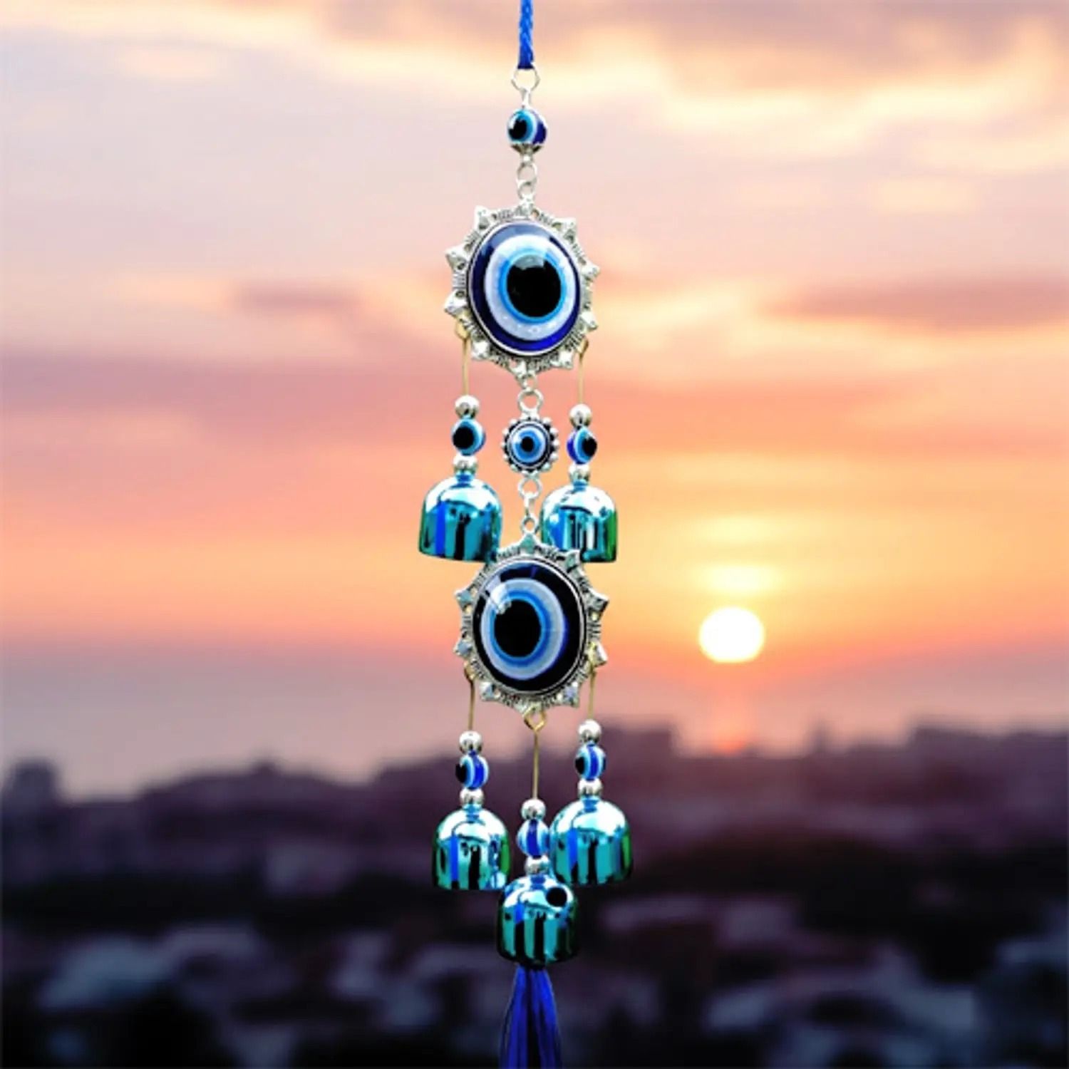 divine creation Double Evil Eye 5 Bell Metal Wind Chimes Gives Health in you Home & Office Steel Windchime-picture-12