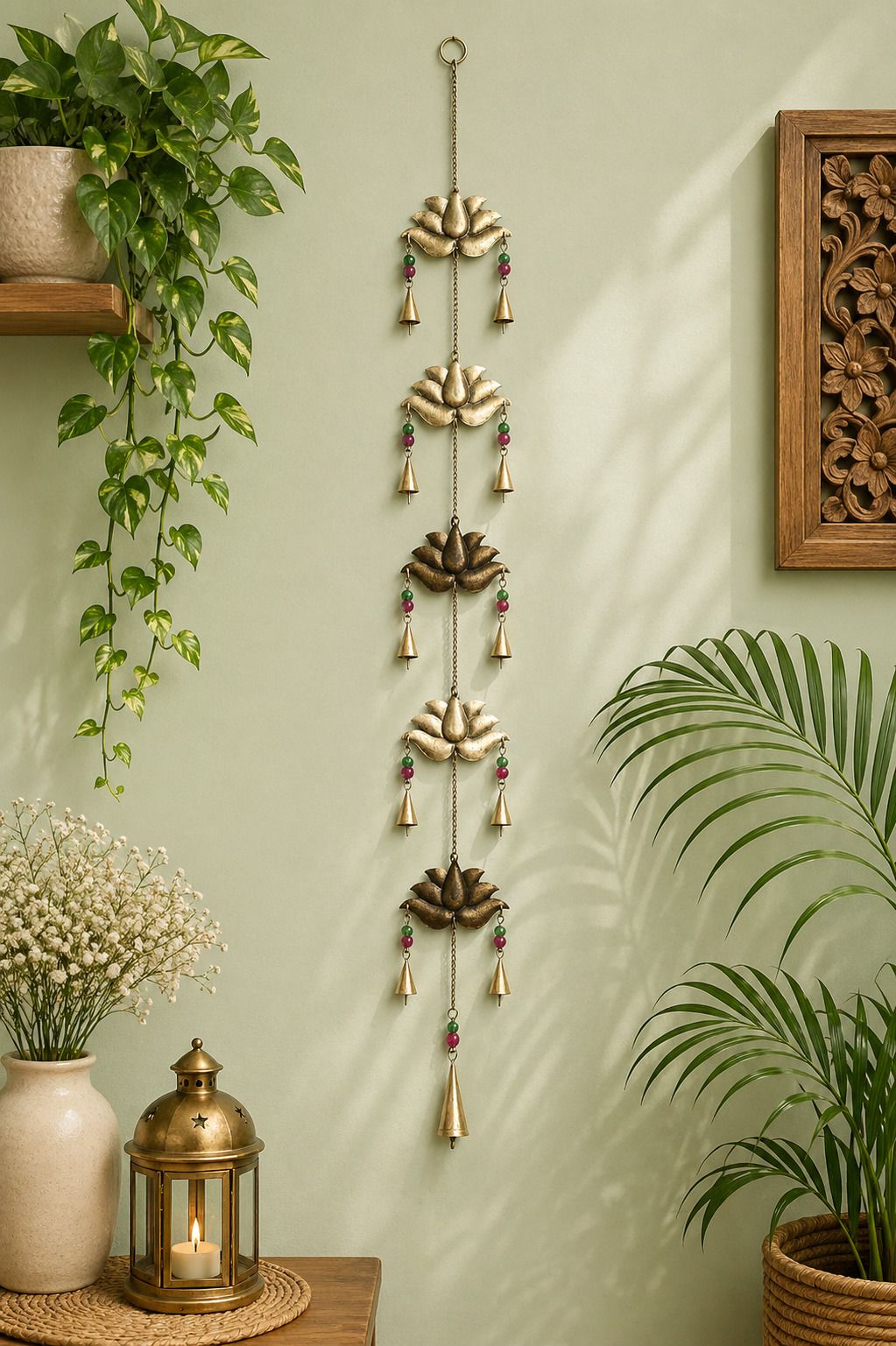 Metal Lotus Windchime Spiritual Decorative Wall Hanging Bells with Beads Gold Plated Windchime-image-28
