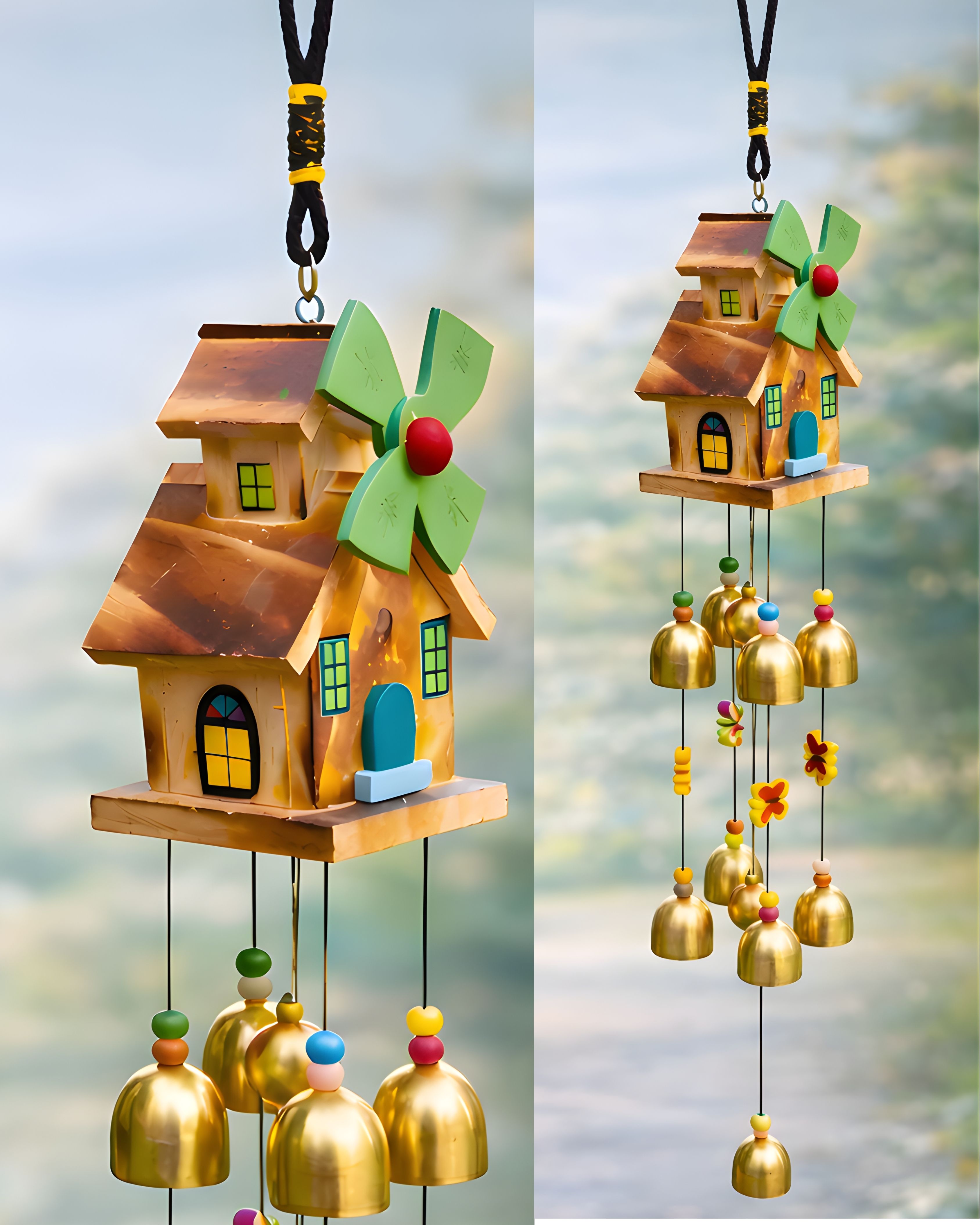 Home Design WindChime With 9 Golden Bells for Home Decoration & Balcony Hanging Wood Windchime