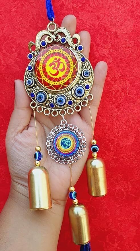 shukaam Om Evil Eye Hanging with Bell Tassels | Decorative Wall Hang for Home Car&Office Brass, Gold Plated Windchime-picture-45
