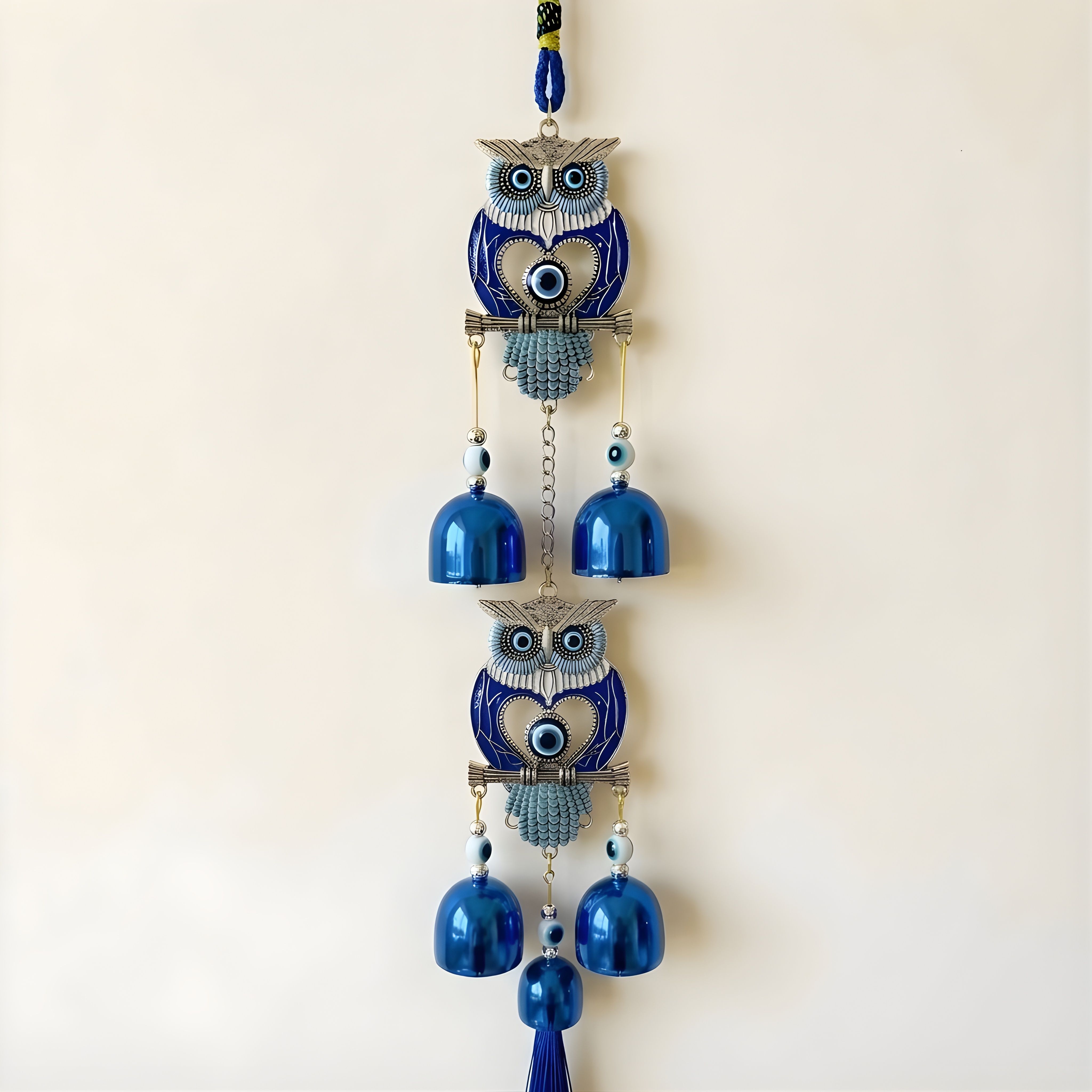 Evil Eye Wind Chime With Dual OWL & Hanging Chain Design For Main Door & Balcony Silver Windchime-image-7