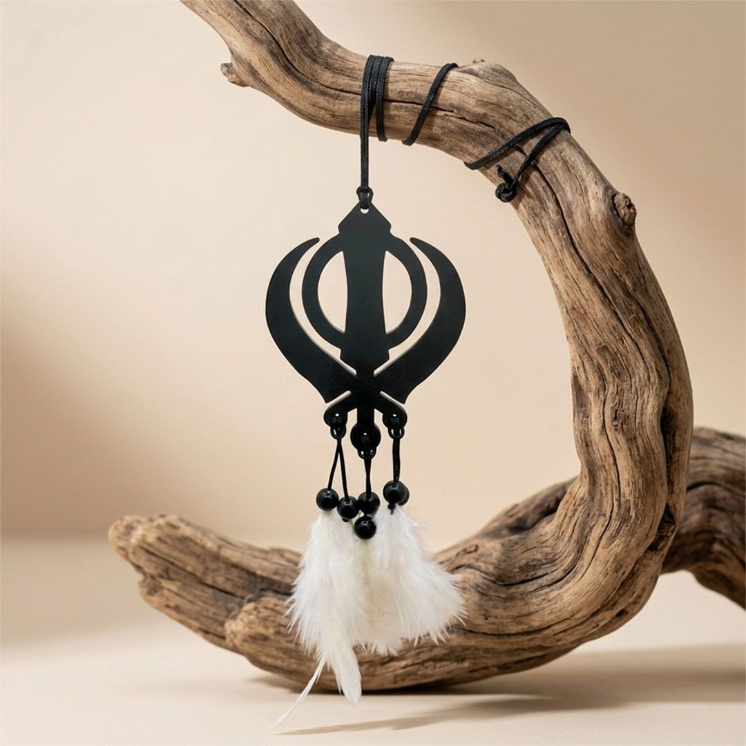 shrivarni creation Sikh Khanda Car Hanging Acrylic Rear View Mirror Decor Plastic Dream Catcher-picture-25